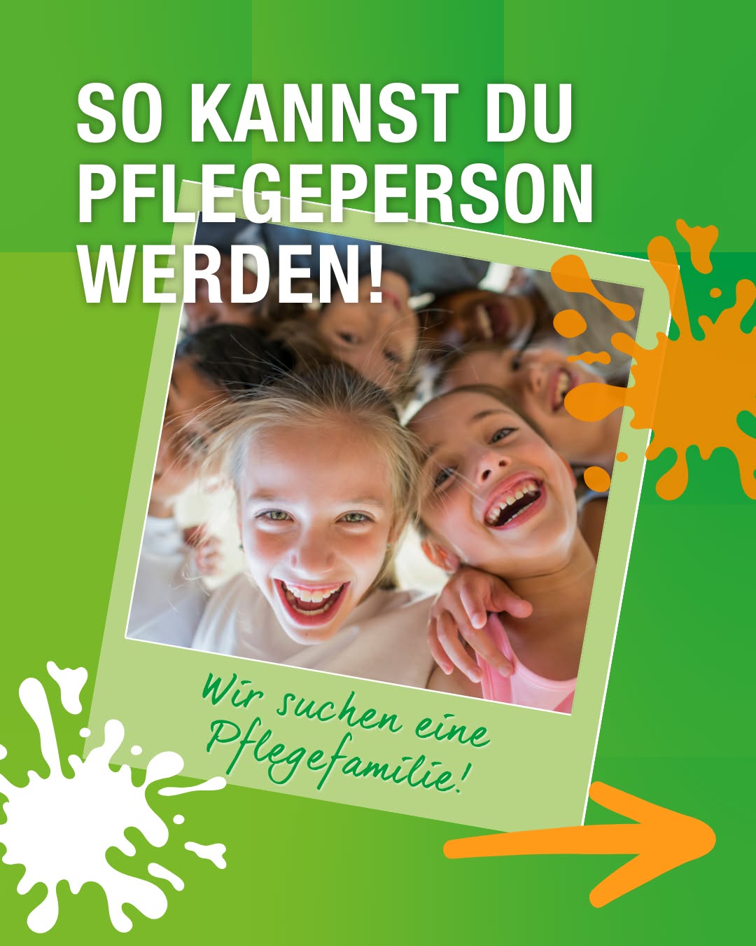 Dieser Alternativtext wurde KI-generiert: Ein farbenfrohes Plakat mit dem Aufruf, Pflegeperson zu werden. Es zeigt lächelnde Gesichter in einem Bilderrahmen und grafische Elemente.