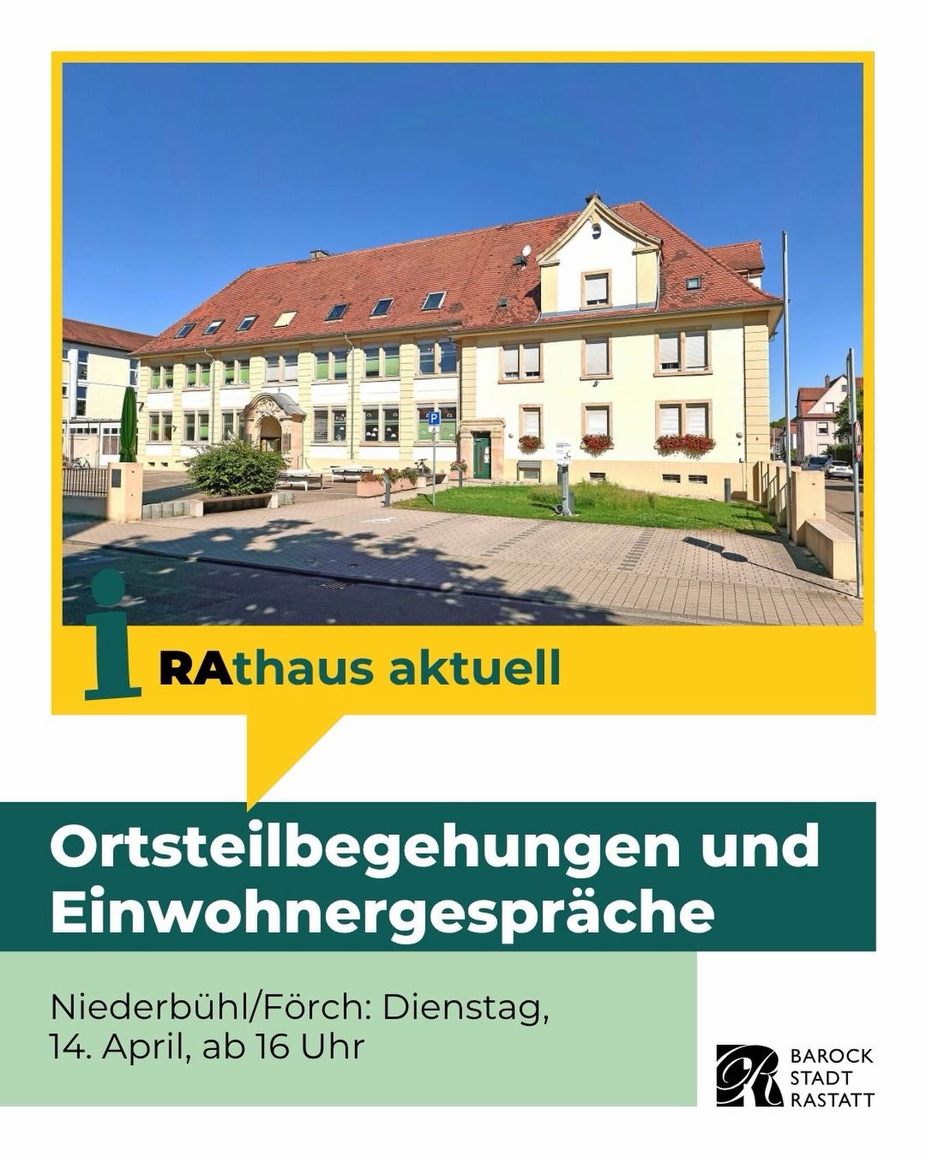 Dieser Alternativtext wurde KI-generiert: Ein Gebäude mit einem roten Dach und mehreren Fenstern. Darunter befindet sich ein Plakat mit Informationen zu lokalen Treffen und Bürgergesprächen.