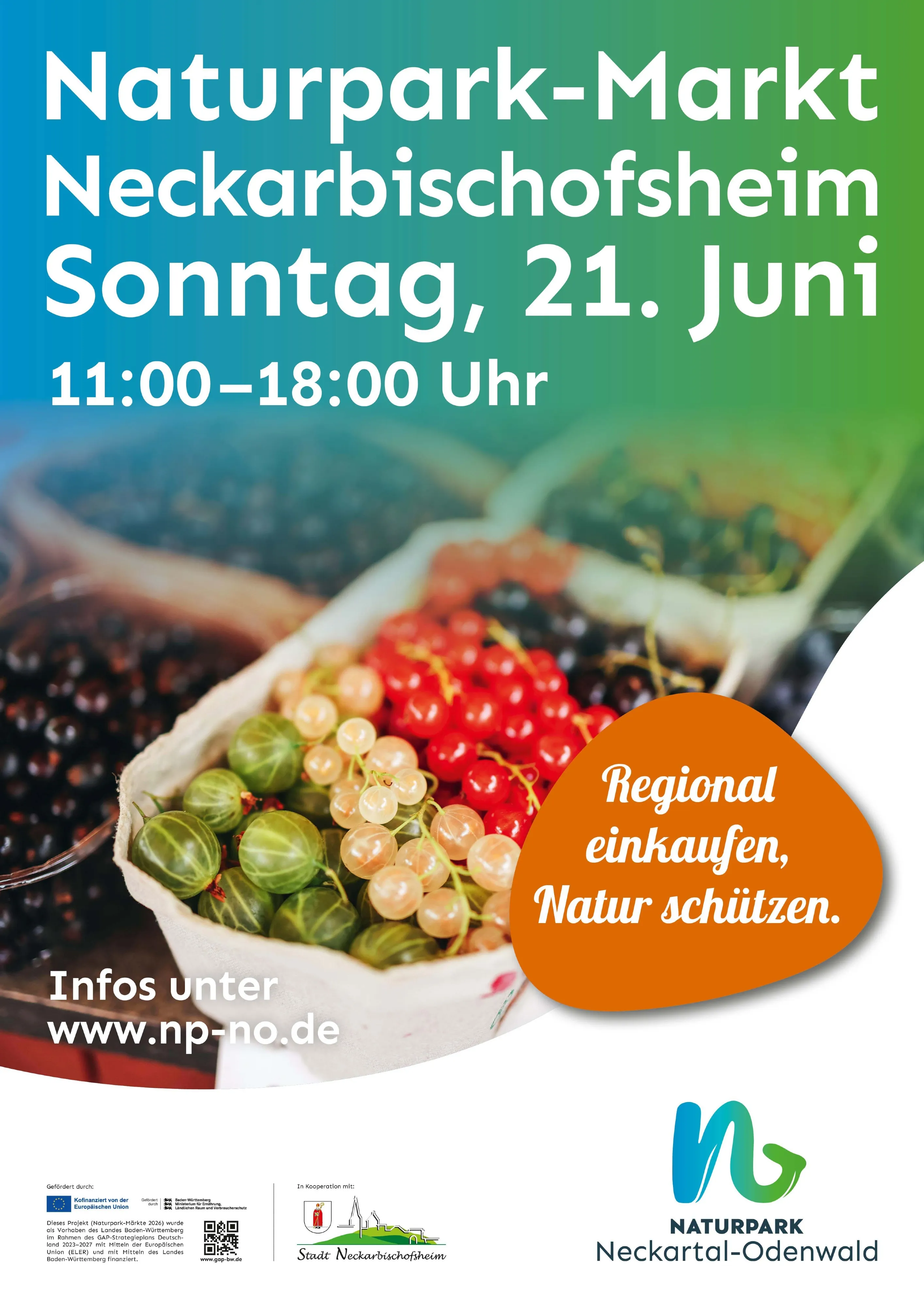 Naturpark-Markt in Neckarbischofsheim am Sonntag, 21. Juni von 11:00 bis 18:00 Uhr. Regionale Beeren in Körben, Slogan „Regional einkaufen, Natur schützen“. Infos unter www.np-no.de, gefördert von EU und Land Baden-Württemberg, in Kooperation mit der Stadt Neckarbischofsheim und Naturpark Neckartal-Odenwald. (KI-Alternativtext)