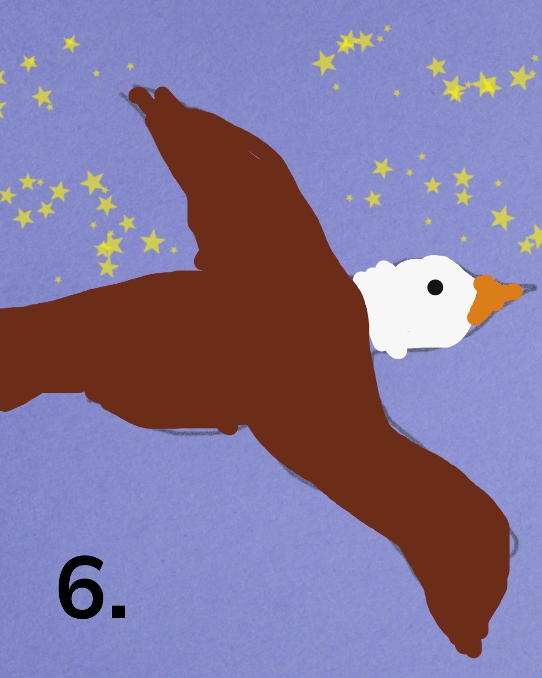 Dieser Alternativtext wurde KI-generiert: Eine stilisierte Illustration zeigt einen dunklen Vogel im Flug vor einem Sternenhimmel. Das Bild ist in einem einfachen, grafischen Stil gehalten.