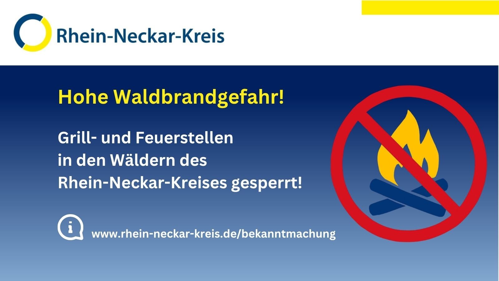 Grafik des Rhein-Neckar-Kreises mit der gelben Überschrift „Hohe Waldbrandgefahr!“. Der weiße Text informiert, dass Grill- und Feuerstellen in den Wäldern des Rhein-Neckar-Kreises gesperrt sind. Rechts befindet sich ein rotes Verbotsschild über einem Lagerfeuer, unten die Webadresse www.rhein-neckar-kreis.de/bekanntmachung. (KI-Alternativtext)
