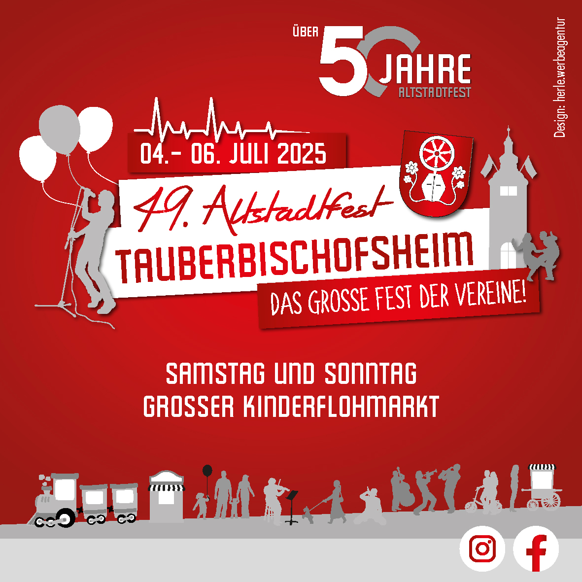 Eventankündigung auf rotem Hintergrund. Auf dem Bild sieht man Illustrationen, das Datum und einen Slogan.