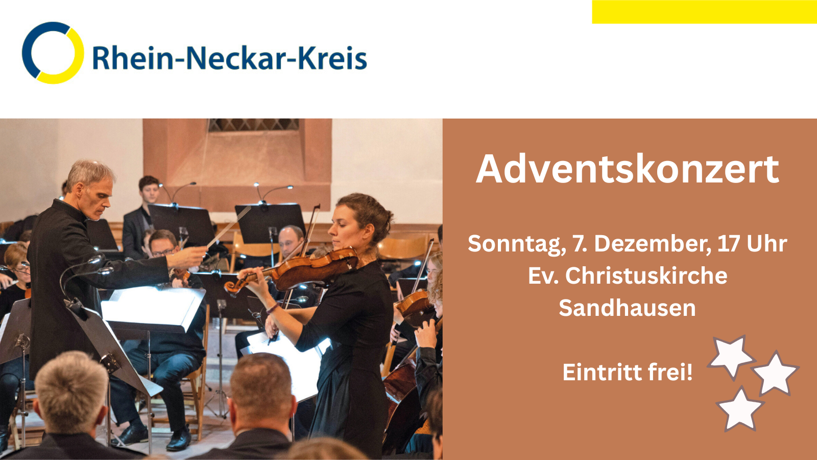 Dieser Alternativtext wurde KI-generiert: Ein farbenfrohes Plakat informiert über ein Adventskonzert mit Orchester. Das Konzert findet am 7. Dezember um 17 Uhr in der Christuskirche Sandhausen statt, der Eintritt ist frei.