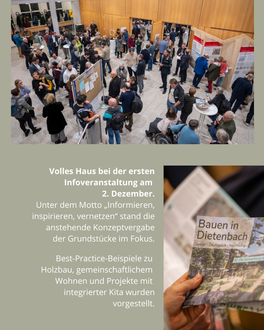 Dieser Alternativtext wurde KI-generiert: Eine Menschenmenge betrachtet Ausstellungsstücke in einem Innenraum. Ein schwarz-weißes Foto einer Ausstellungsszene ist ebenfalls zu sehen.