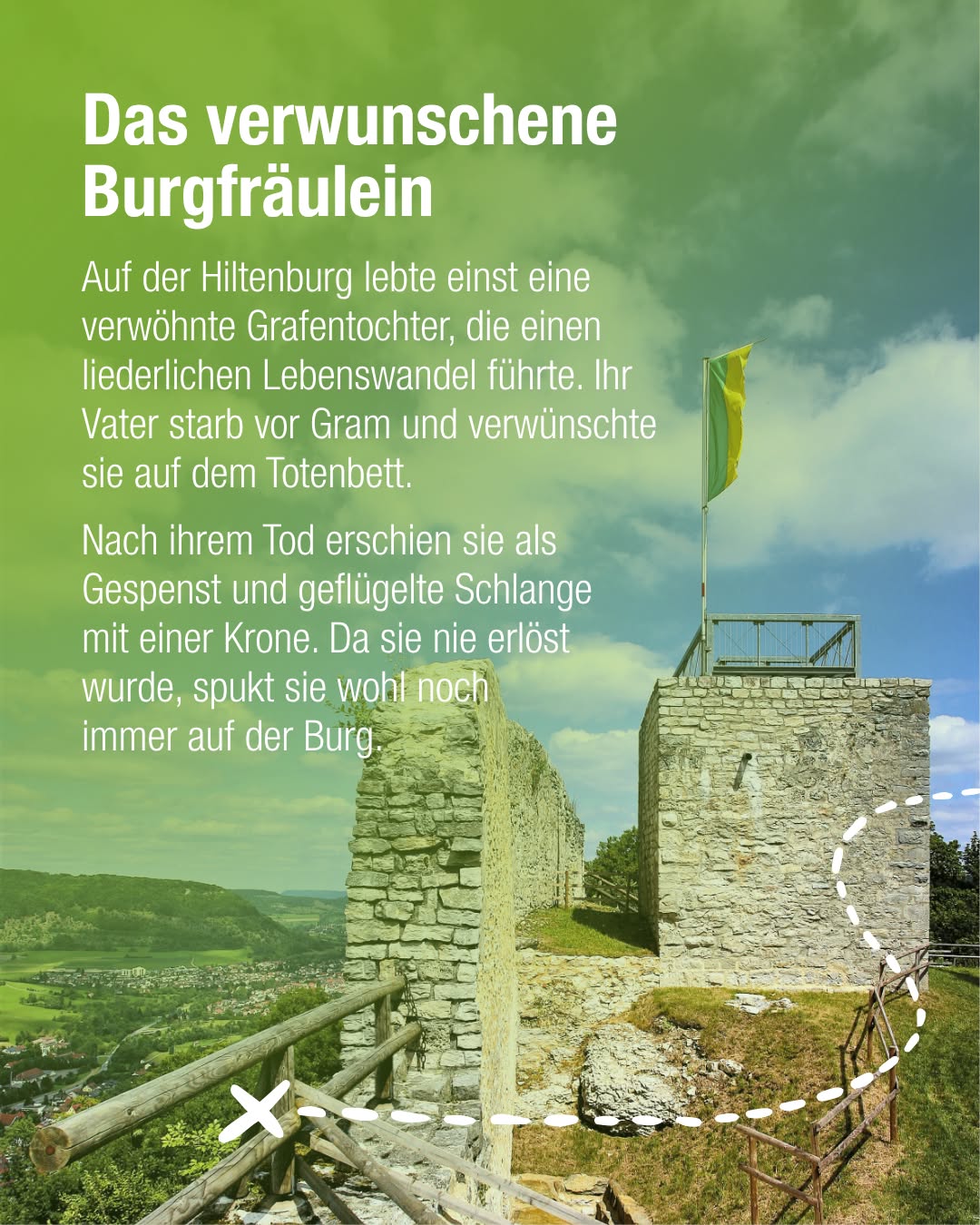 Dieser Alternativtext wurde KI-generiert: Ein alter, steinern Turm erhebt sich vor einer grünen Landschaft. Das Bild ist farbig und zeigt Text in deutscher Sprache.