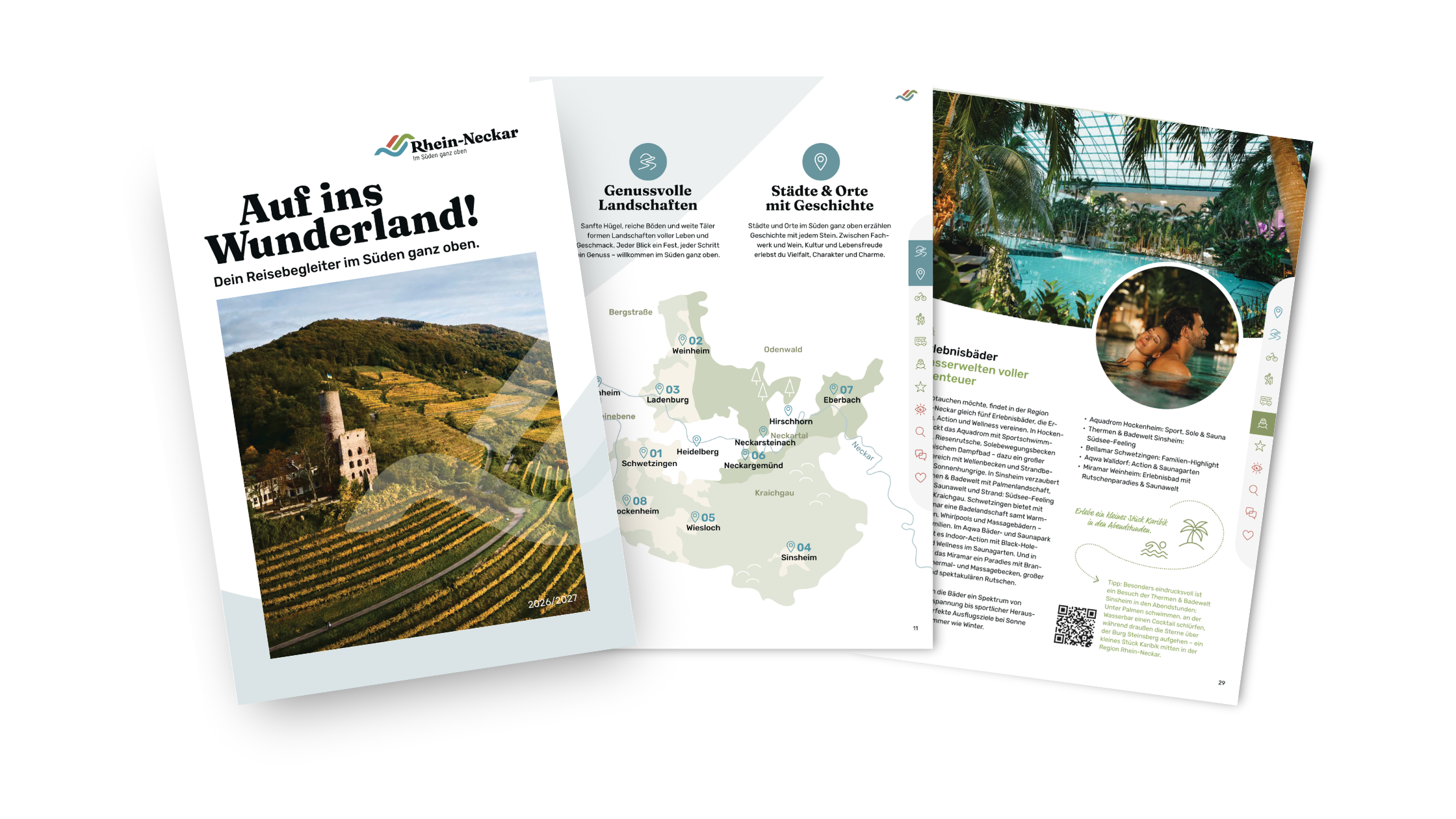 Dieser Alternativtext wurde KI-generiert: Schwarz-weißes Foto einer Broschüre mit einer Landschaftsbild auf der Vorderseite. Die Broschüre enthält Text und kleine Icons, die Orte und Sehenswürdigkeiten darstellen.