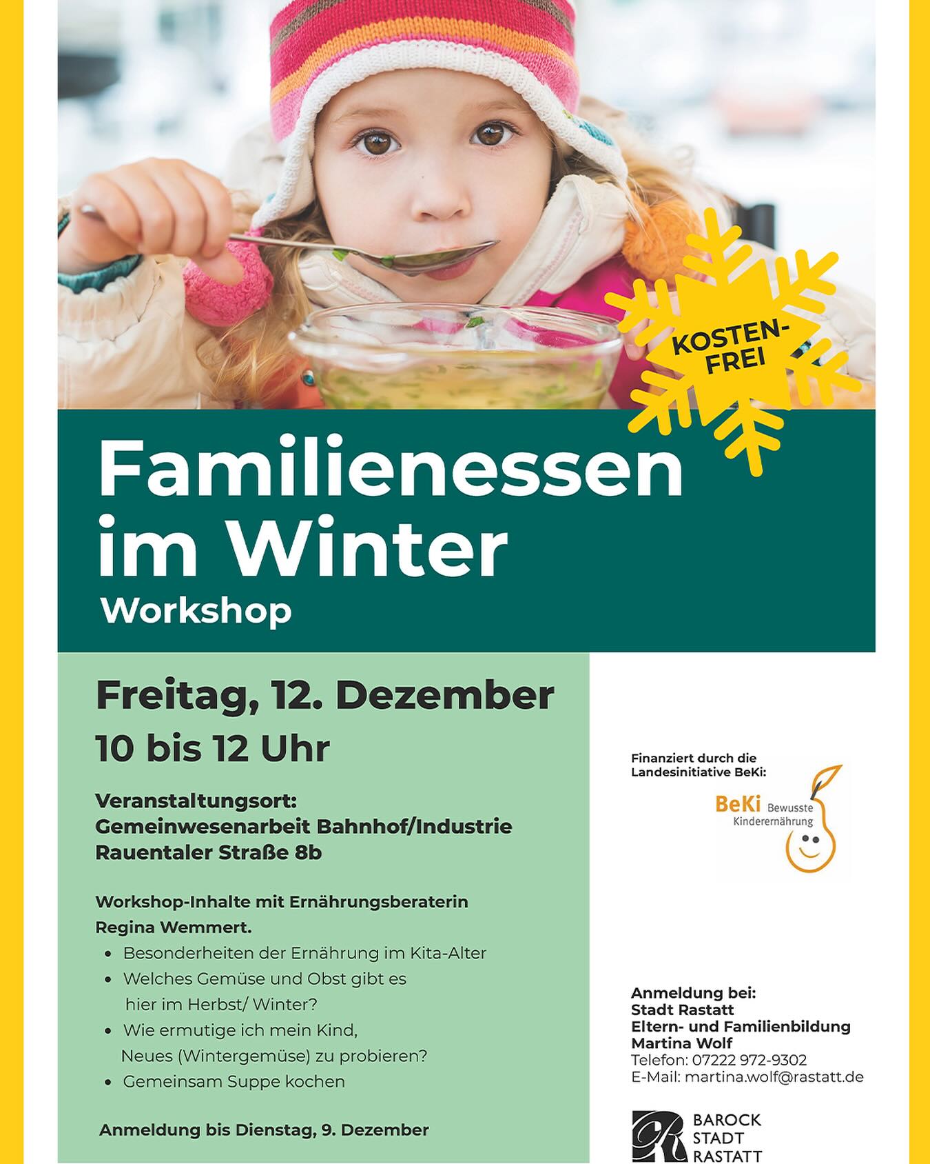 Dieser Alternativtext wurde KI-generiert: Ein farbenfrohes Plakat kündigt ein kostenloses Familienessen-Workshop im Winter an. Es enthält Informationen zu Datum, Uhrzeit, Ort und Anmeldemöglichkeiten.