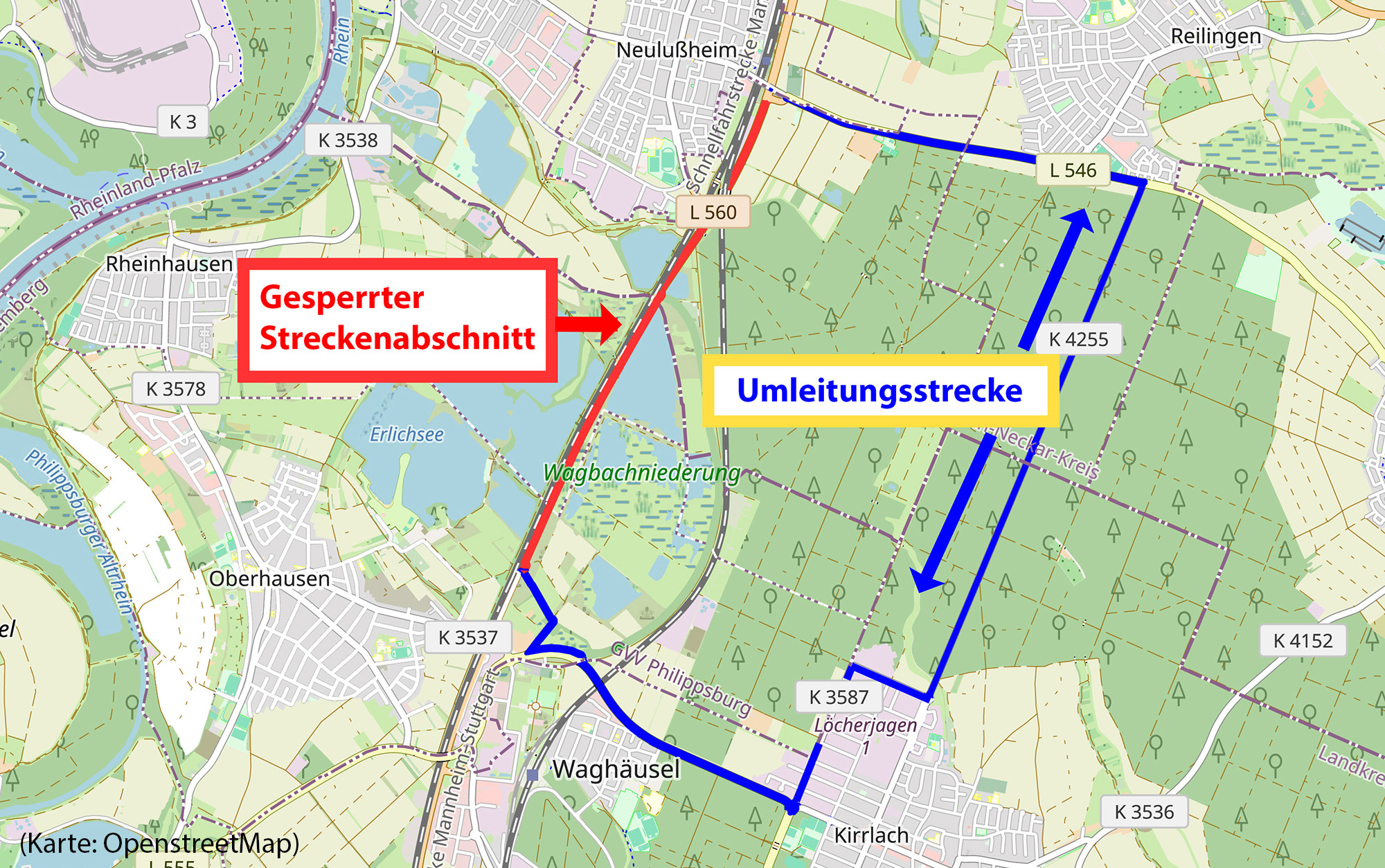 Dieser Alternativtext wurde KI-generiert: Eine farbige Karte zeigt Wege, die mit blauen und roten Pfeilen markiert sind. Ein rotes Feld mit weißer Schrift weist auf eine gesperrte Strecke hin.
