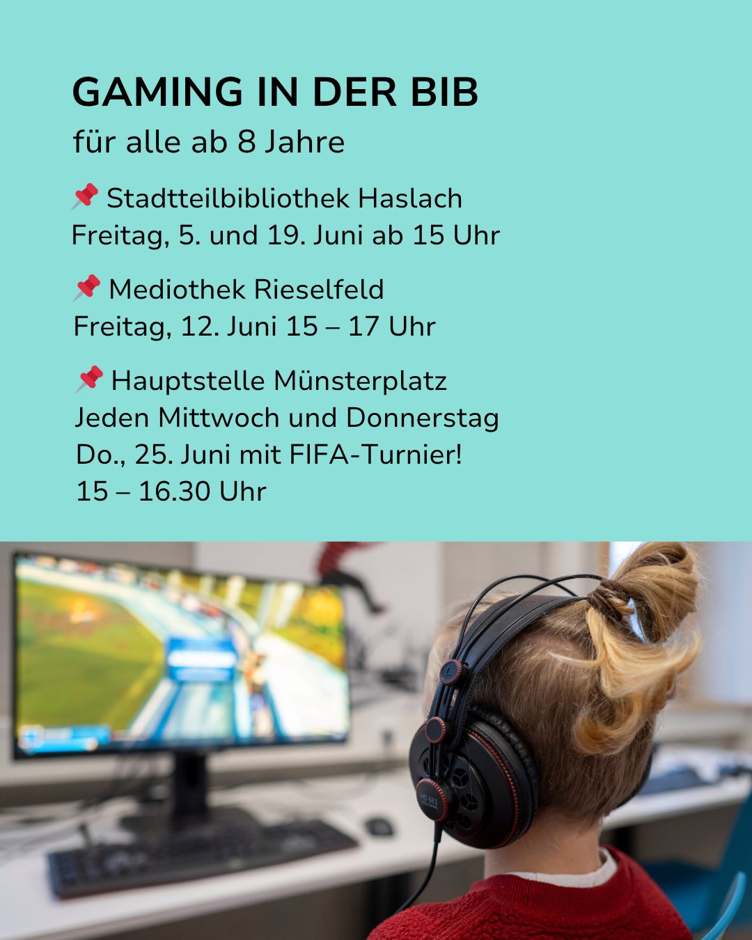 Gaming-Veranstaltung in der Bibliothek für Kinder ab 8 Jahren mit Terminen an verschiedenen Standorten; im Bild von hinten eine Person mit Kopfhörern vor einem Computerbildschirm, auf dem ein Rennspiel läuft. (KI-Alternativtext)