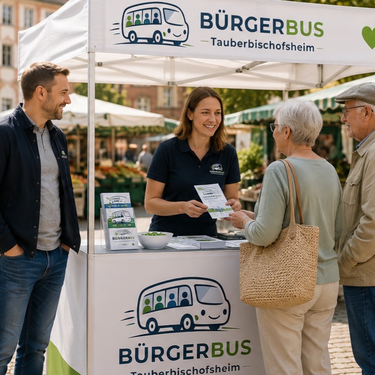 Ein weißer Informationsstand mit der Aufschrift „BÜRGERBUS Tauberbischofsheim“ und einem Bus-Logo. Eine Person hinter dem Tresen reicht einer Person mit kurzem weißem Haar einen Flyer, während zwei weitere Personen daneben stehen und zuschauen. Auf dem Tisch liegen weitere Broschüren. (KI-Alternativtext)