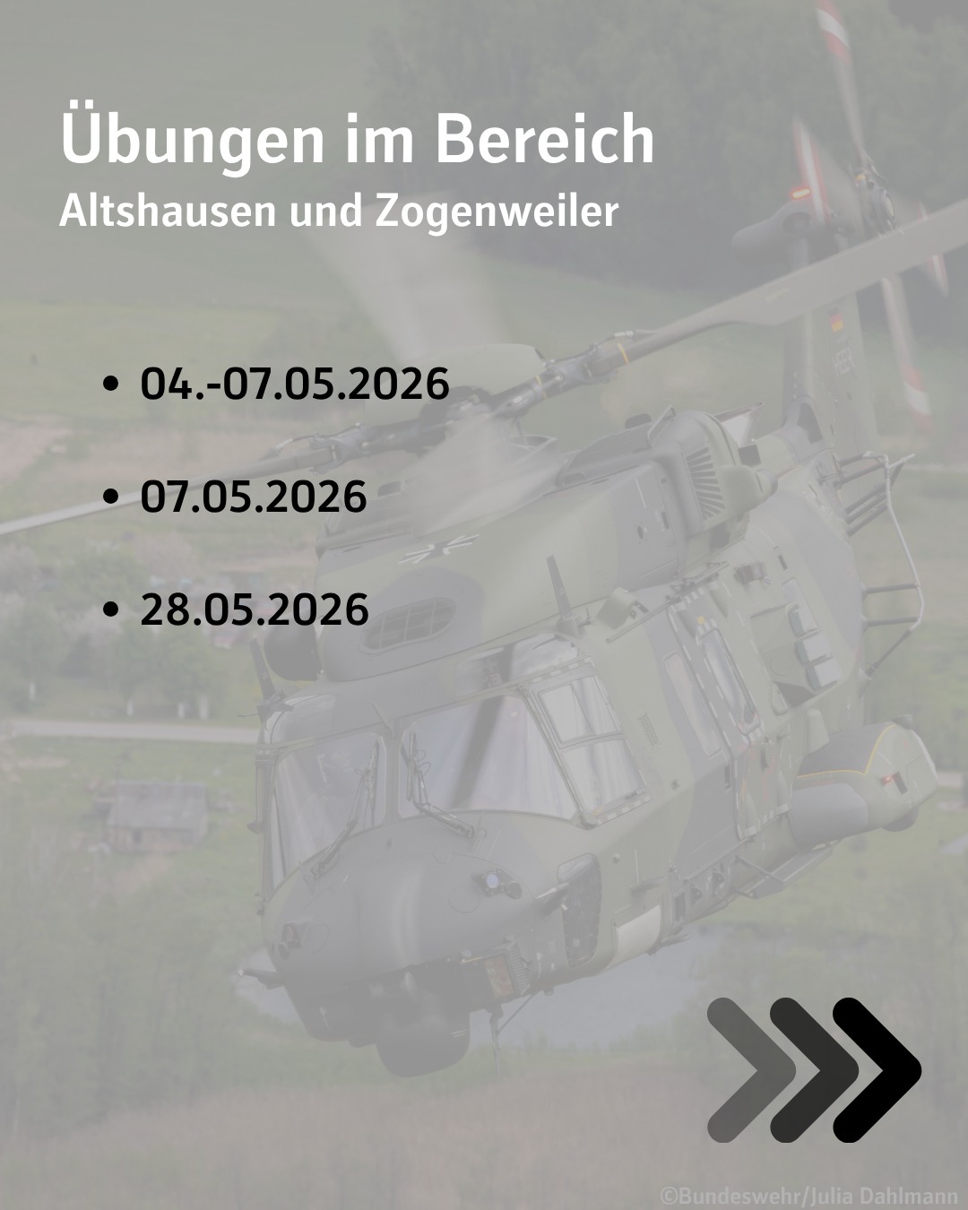 Bildtext: Übungen im Bereich Altshausen und Zogenweiler am
4. bis 7. Mai 2026, 7. Mai 2026, 28. Mai 2026