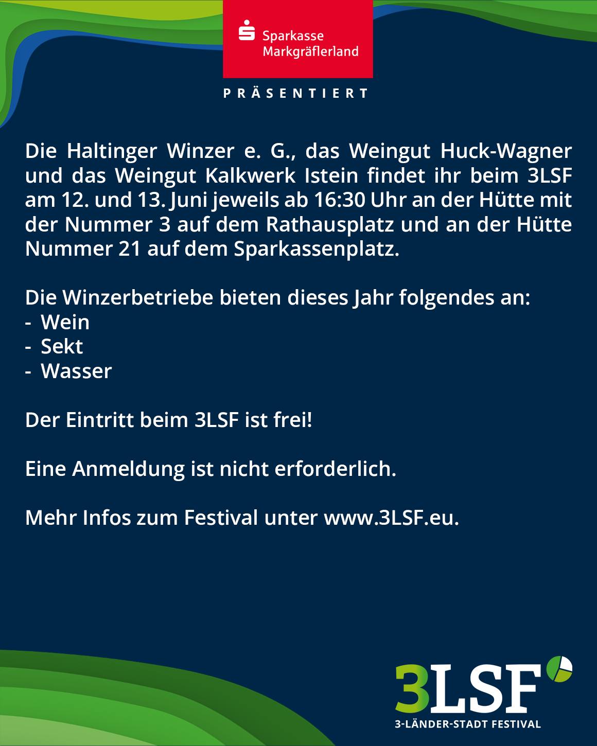 Dieser Alternativtext wurde KI-generiert: Werbeanzeige für ein Weinfestival mit Informationen zu Terminen, Angeboten und einem kostenlosen Eintritt. Das Bild ist farbig und enthält verschiedene Texte und Logos.