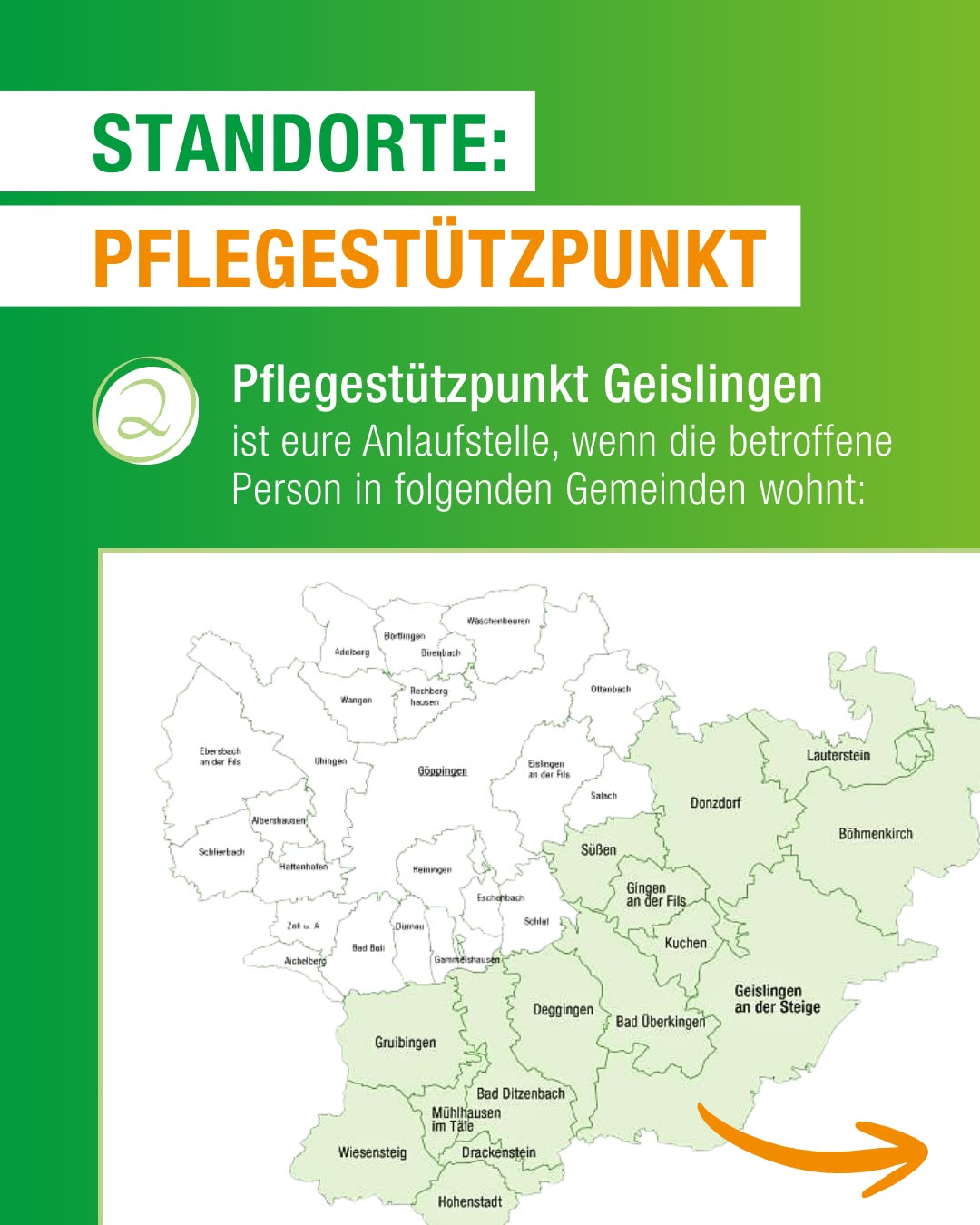 Dieser Alternativtext wurde KI-generiert: Ein farbiges Werbeplakat mit einer Karte, die verschiedene Orte zeigt. Der Text informiert über eine Anlaufstelle für Pflege und listet zugehörige Gemeinden auf.
