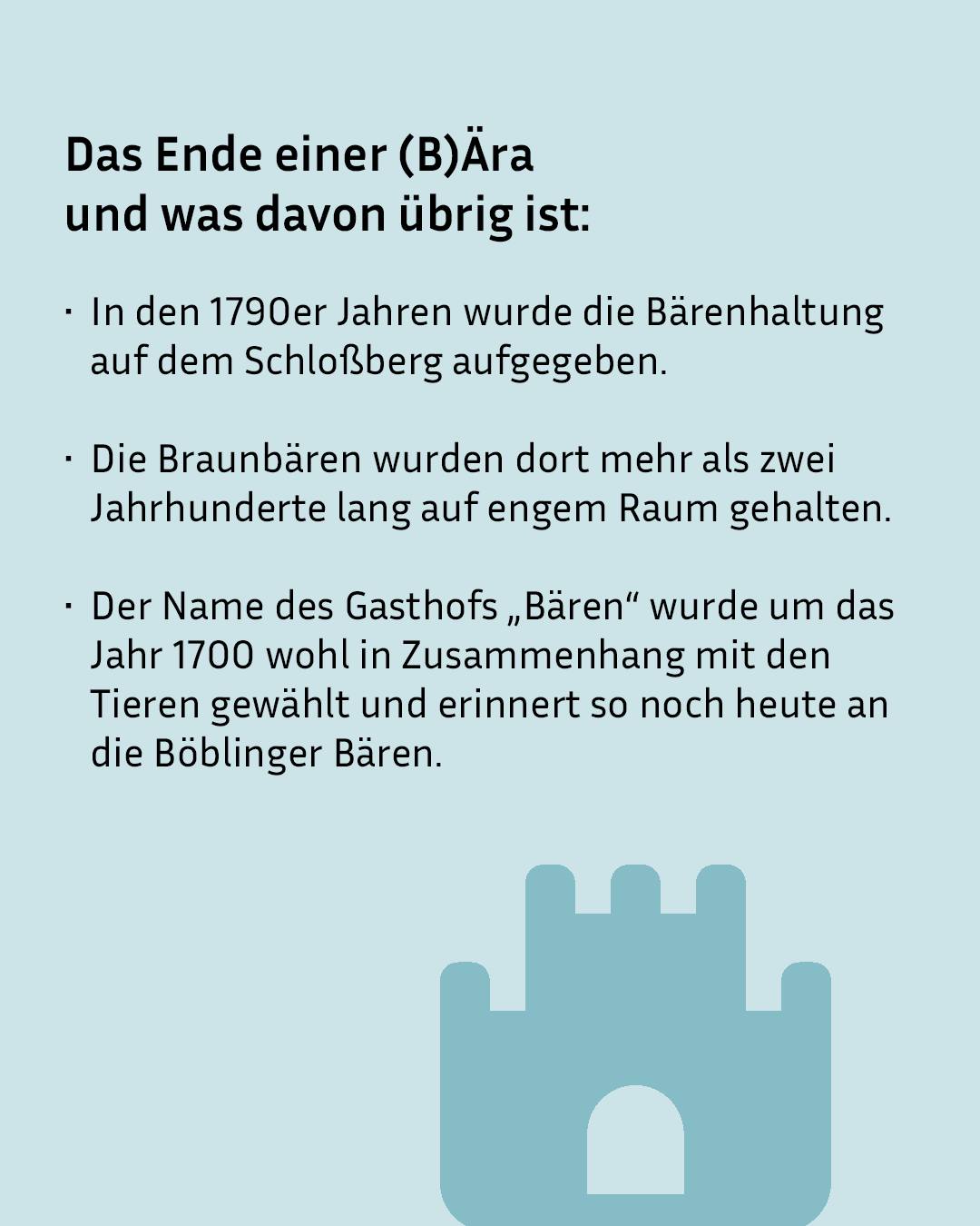 Text über das Ende der Bärenhaltung auf dem Schloßberg im 18. Jahrhundert, die mehr als 200 Jahre andauerte, und den Ursprung des Gasthofnamens „Bären“ um 1700. Unten ein stilisiertes Schlosssymbol. (KI-Alternativtext)