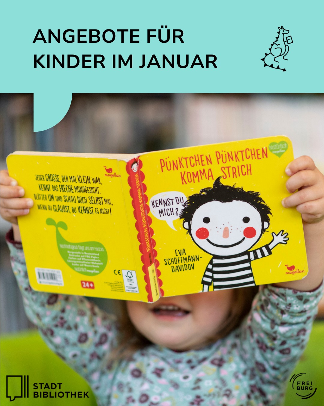 Dieser Alternativtext wurde KI-generiert: Ein Werbeplakat für Kinderangebote im Januar. Es zeigt ein Buchcover mit einem Comic-artigen Illustration eines Kindes und Text.