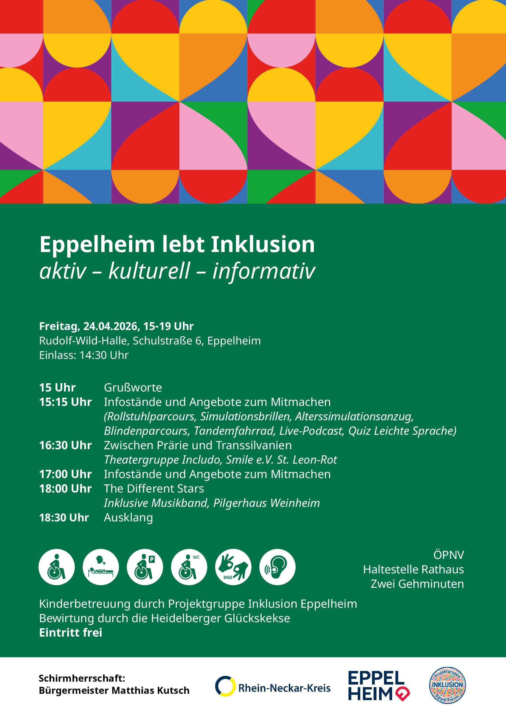 Dieser Alternativtext wurde KI-generiert: Ein farbenfrohes Plakat kündigt eine inklusive Veranstaltung in Eppenheim an. Es enthält Informationen zu Zeit, Ort und Programmpunkten, darunter Vorführungen und Mitmachangebote.