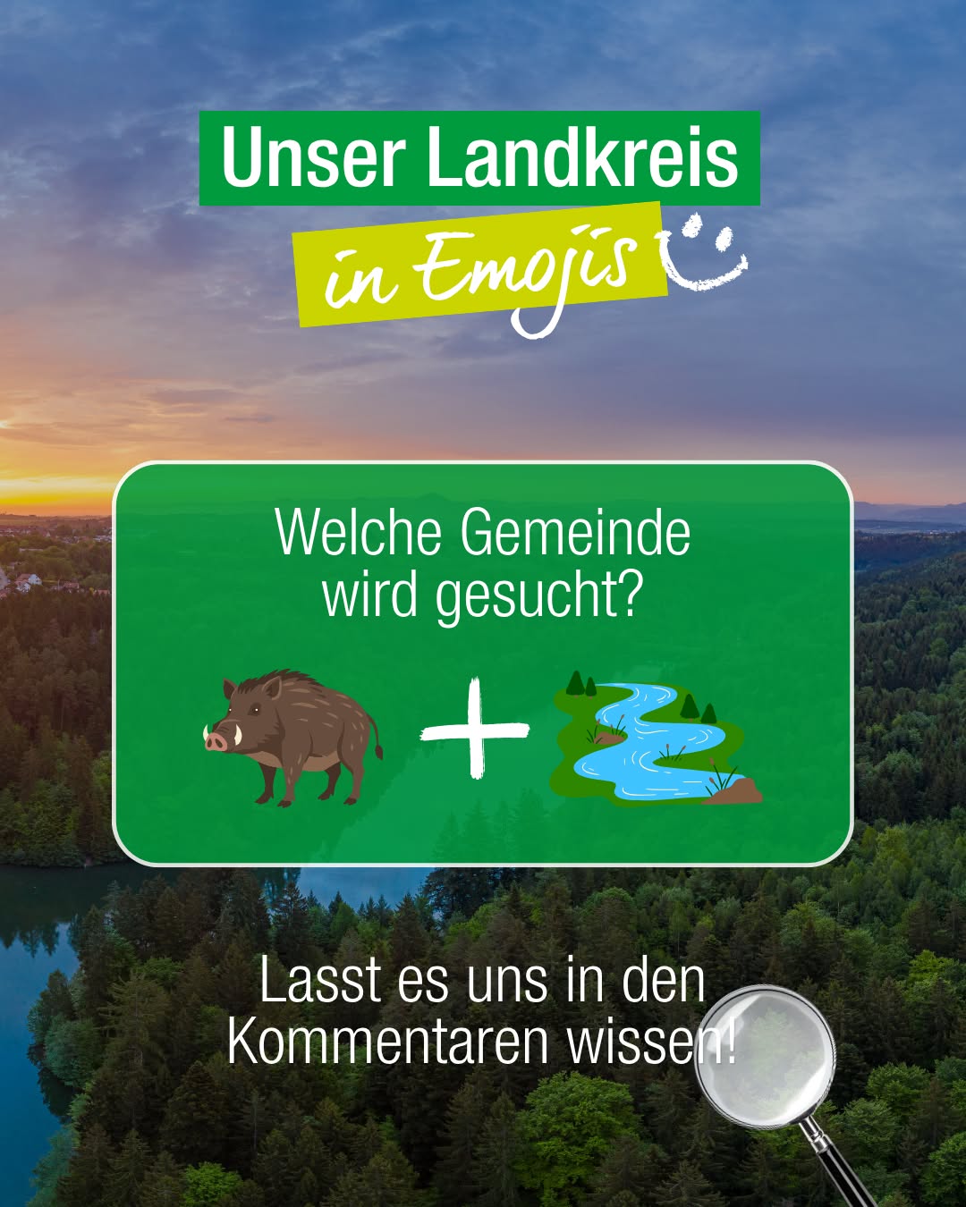 Dieser Alternativtext wurde KI-generiert: Ein farbiges Bild mit Text und Emojis. Es zeigt eine Landschaft mit Bergen, Wald und Wasser, kombiniert mit Tierabbildungen und einer Frage nach einer Gemeinde.