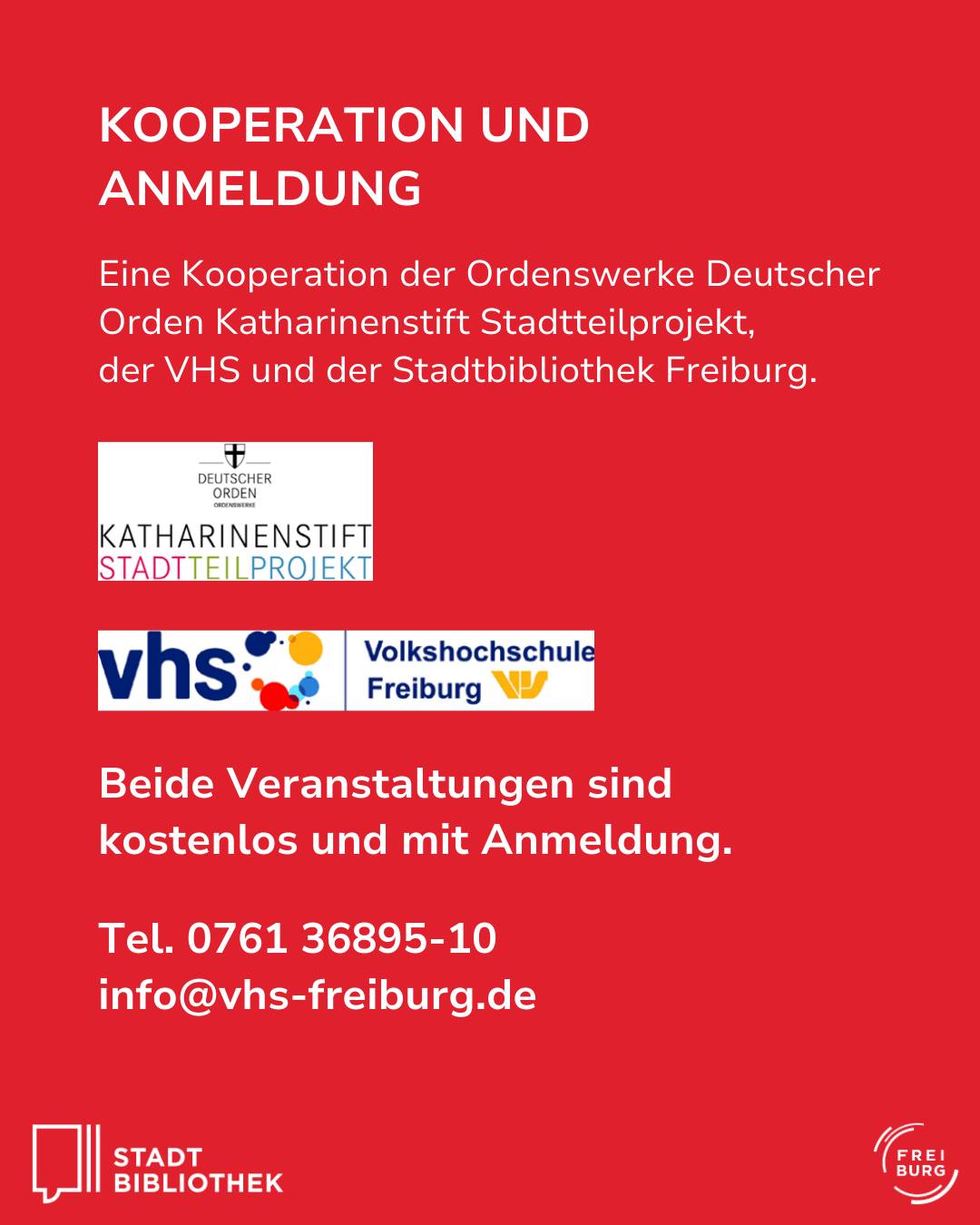 Dieser Alternativtext wurde KI-generiert: Werbeanzeige mit Textinformationen über eine Kooperation verschiedener Institutionen und kostenloser Veranstaltungen, inklusive Kontaktinformationen. Mehrere Logos sind abgebildet.