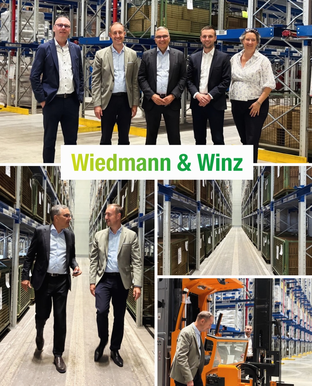 Eine Collage zeigt Szenen aus einem Lagerhaus mit hohen Regalen. Oben stehen fünf Personen in geschäftlicher Kleidung nebeneinander, darunter der grüne Schriftzug „Wiedmann & Winz“. Unten sind zwei Personen beim Gespräch im Gang, ein leerer Lagergang sowie eine Person neben einem Gabelstapler abgebildet. (KI-Alternativtext)