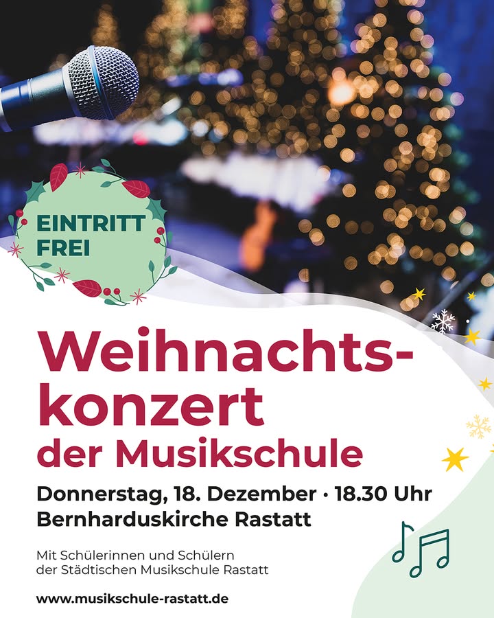 Dieser Alternativtext wurde KI-generiert: Werbekarte für ein Weihnachtskonzert der Musikschule. Das farbige Plakat zeigt eine Bühne mit Mikrofon und informiert über Datum, Uhrzeit und Veranstaltungsort.