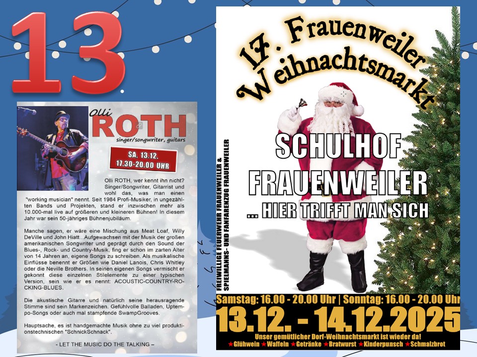 Dieser Alternativtext wurde KI-generiert: Ein farbenfrohes Plakat kündigt einen Weihnachtsmarkt an. Es enthält Text, Illustrationen und ein Foto einer Person mit Gitarre.