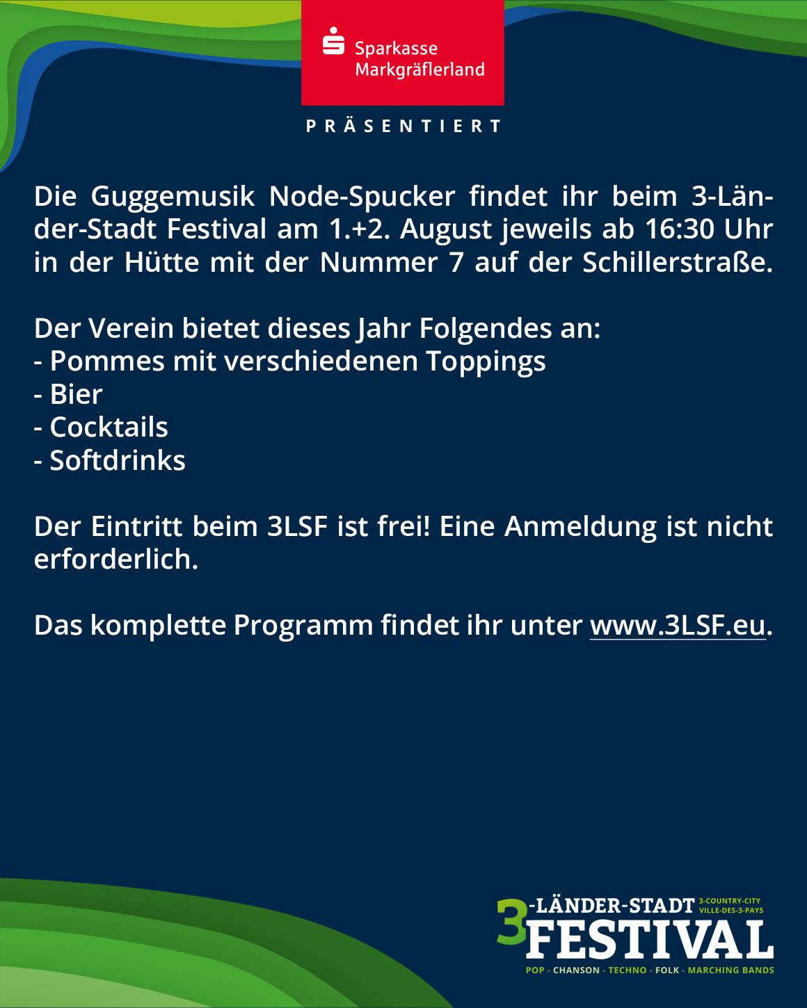 Eine farbenfrohe Werbeanzeige für eine Musikveranstaltung. Es werden Informationen zu dem Festival, teilnehmenden Band und Essensangeboten bereitgestellt.