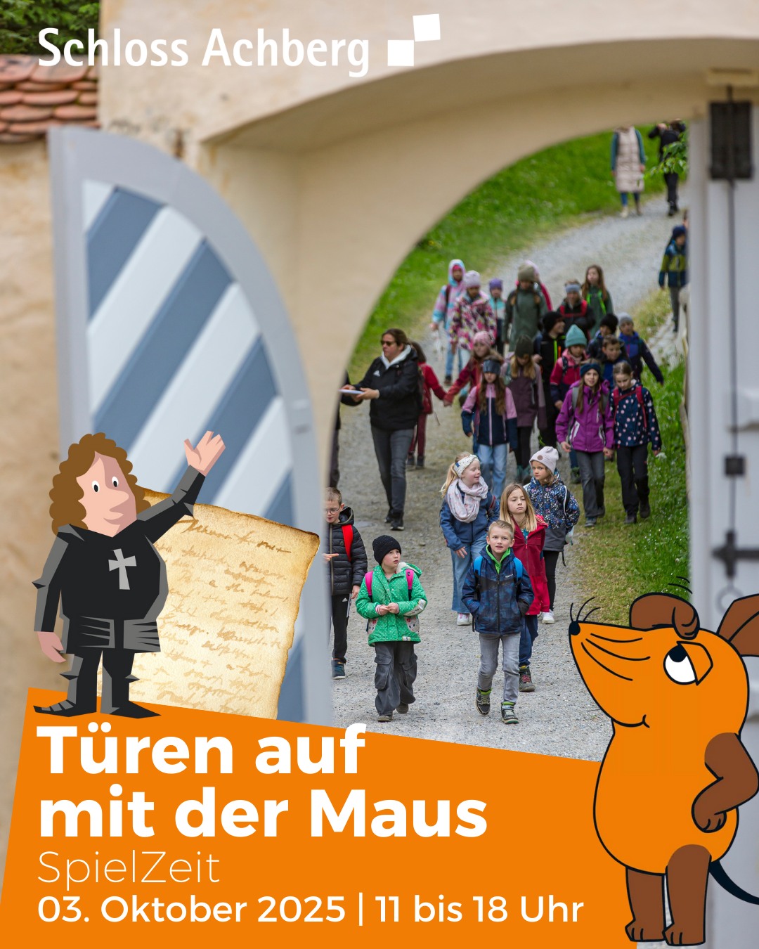 Dieser Alternativtext wurde KI-generiert: Ein farbiges Plakat zeigt eine Gruppe von Menschen, die durch einen Bogen gehen. Im Vordergrund befinden sich Comicfiguren und Informationen zu einer Veranstaltung am 3. Oktober 2025.