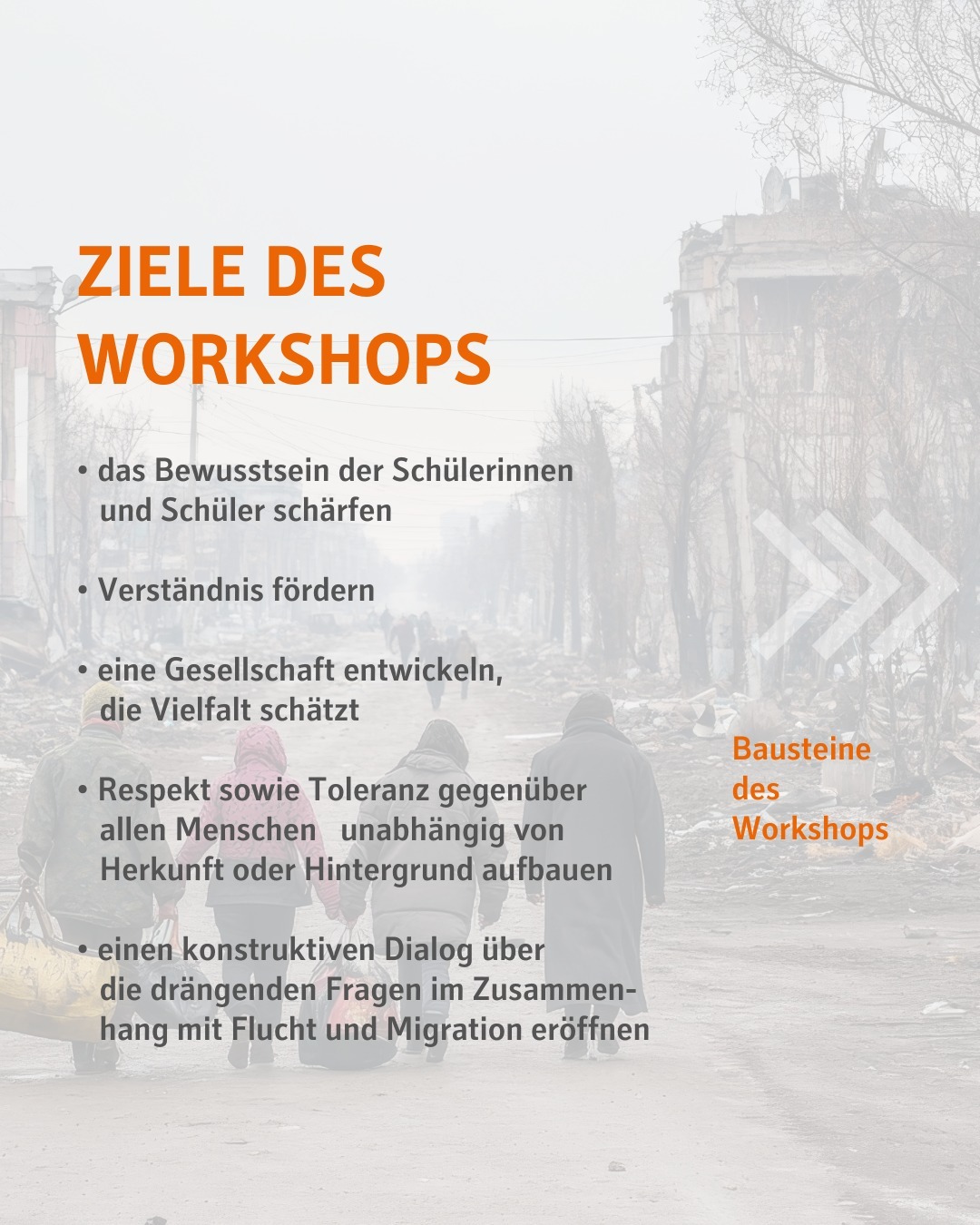 Das Bild zeigt eine Liste von Zielen eines Workshops und Menschen, die vor einer zerstörten Stadt gehen.