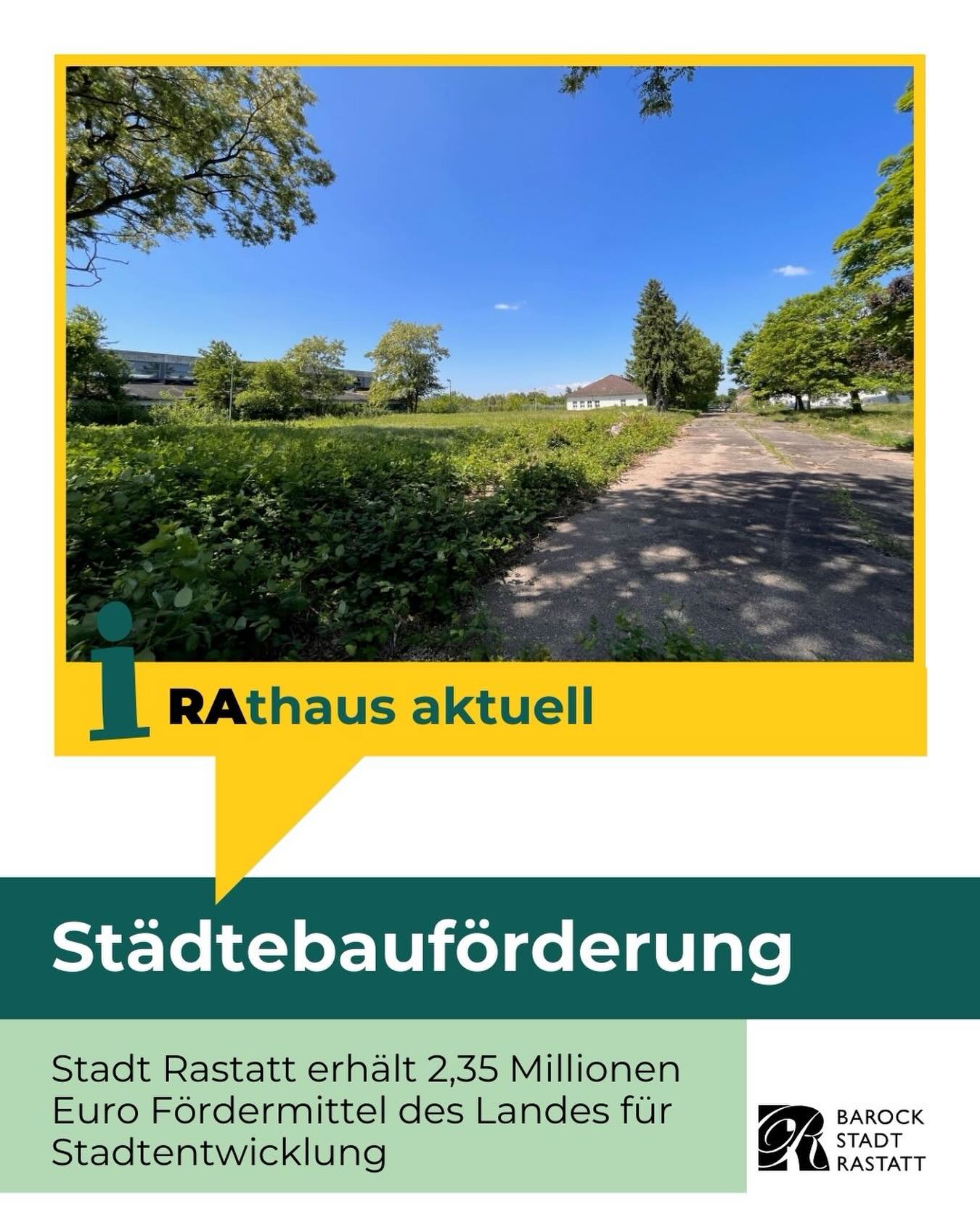 Dieser Alternativtext wurde KI-generiert: Ein farbiges Plakat zeigt eine Baumallee mit Gebäuden im Hintergrund. Der untere Teil des Plakats enthält Text zur Förderung der Stadtentwicklung.