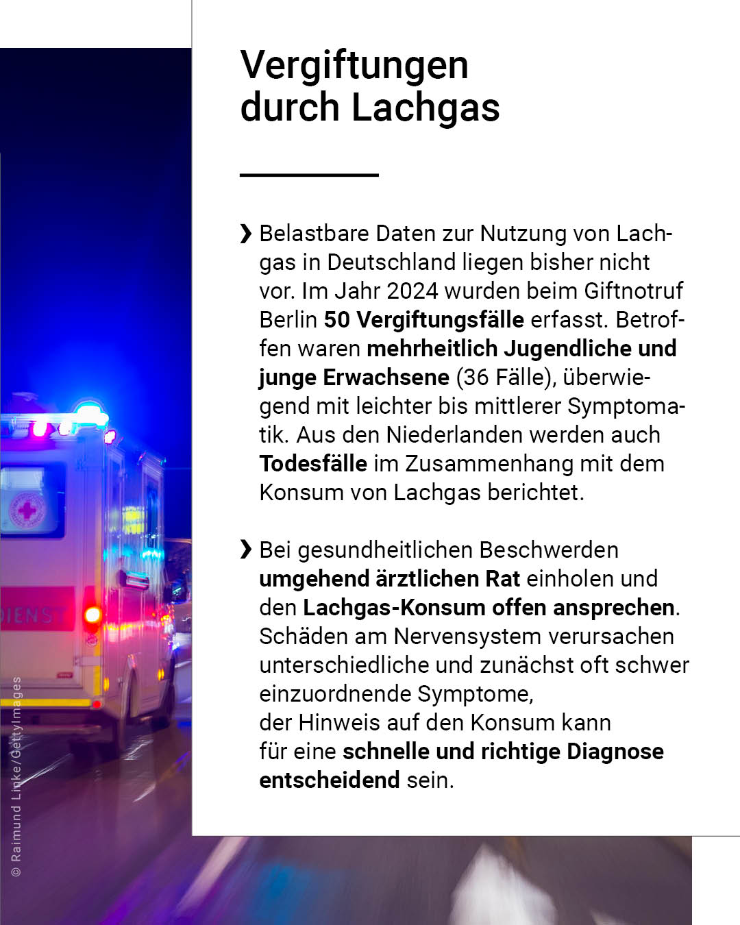 Hinweis - Der folgende Text wurde automatisch generiert: Bild eines Krankenwagens bei Nacht. Der Text handelt von Lachgasvergiftungen.