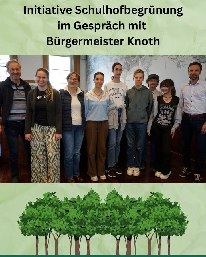 Dieser Alternativtext wurde KI-generiert: Eine Gruppe von Menschen steht in einem Innenraum zusammen und lächelt in die Kamera. Im unteren Bildbereich ist eine grüne Baumreihe dargestellt.