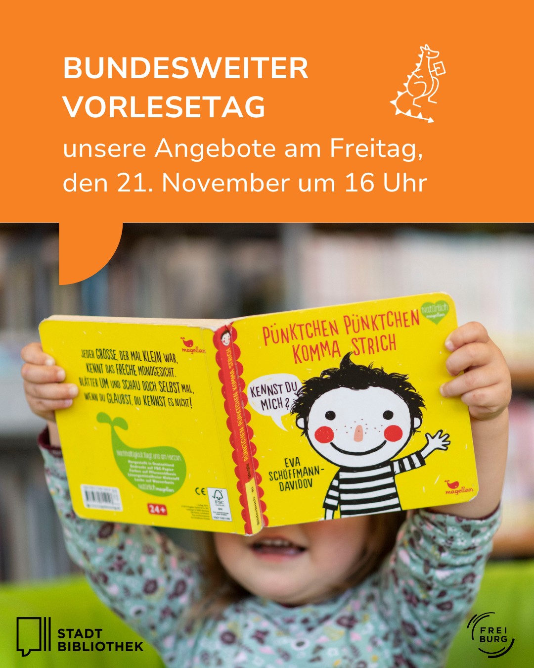 Dieser Alternativtext wurde KI-generiert: Ein farbenfrohes Plakat bewirbt eine Vorleseaktion am 21. November um 16 Uhr. Es zeigt ein Buchcover mit einer Illustration eines Mädchens und einer roten Punktmuster-Gestalt, sowie Logos und Informationen zu Veranstaltern.