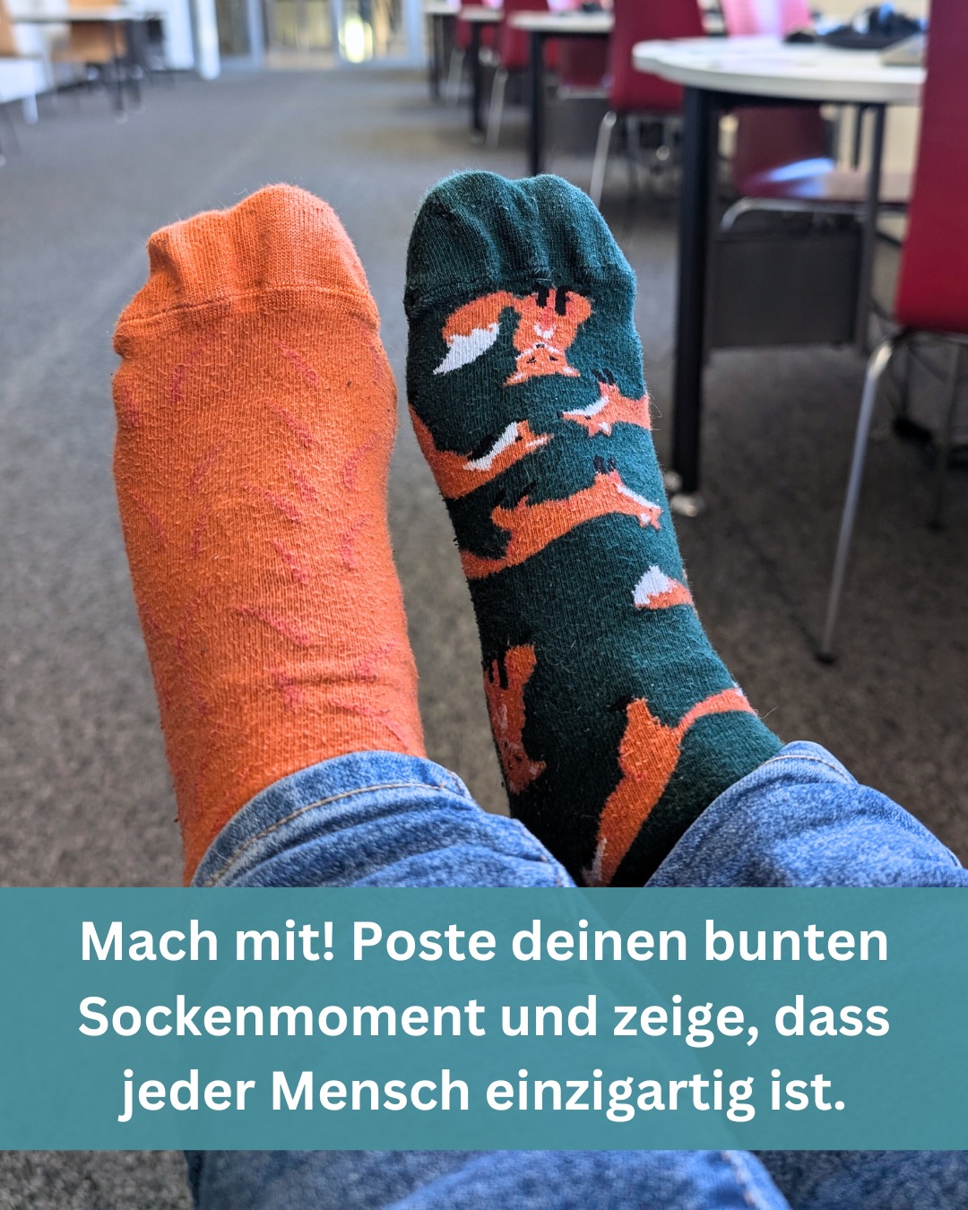 Ein Bild von zwei verschiedenen Socken, eine orange und eine dunkelgrün mit Füchsen. Der Text dazu lautet: 