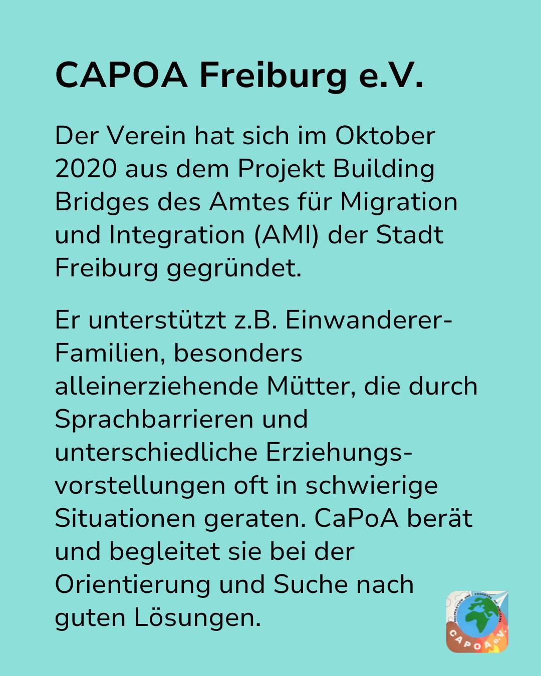 Dieser Alternativtext wurde KI-generiert: Ein hellgrüner Flyer mit Text. Er beschreibt die Arbeit eines Vereins, der Einwandererfamilien unterstützt und berät.