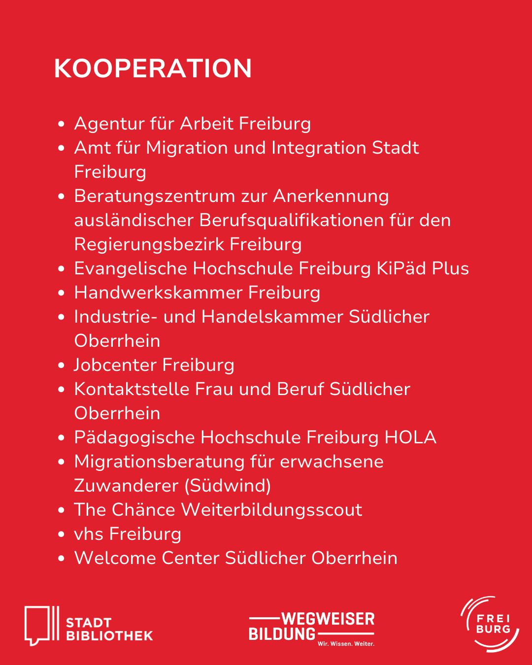 Dieser Alternativtext wurde KI-generiert: Ein schlichtes, farbiges Dokument mit einer Liste von Kooperationspartnern und Logos am unteren Rand. Das Dokument enthält Informationen zur beruflichen Orientierung und Integration.