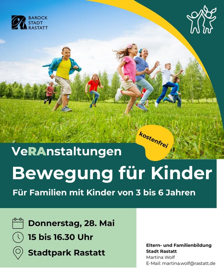Mehrere Kinder laufen lachend über eine Wiese im Stadtpark Rastatt. Veranstaltung „Bewegung für Kinder“ für Familien mit Kindern von 3 bis 6 Jahren, kostenfrei, Donnerstag, 28. Mai, 15 bis 16.30 Uhr. Veranstalter: Eltern- und Familienbildung Stadt Rastatt. (KI-Alternativtext)