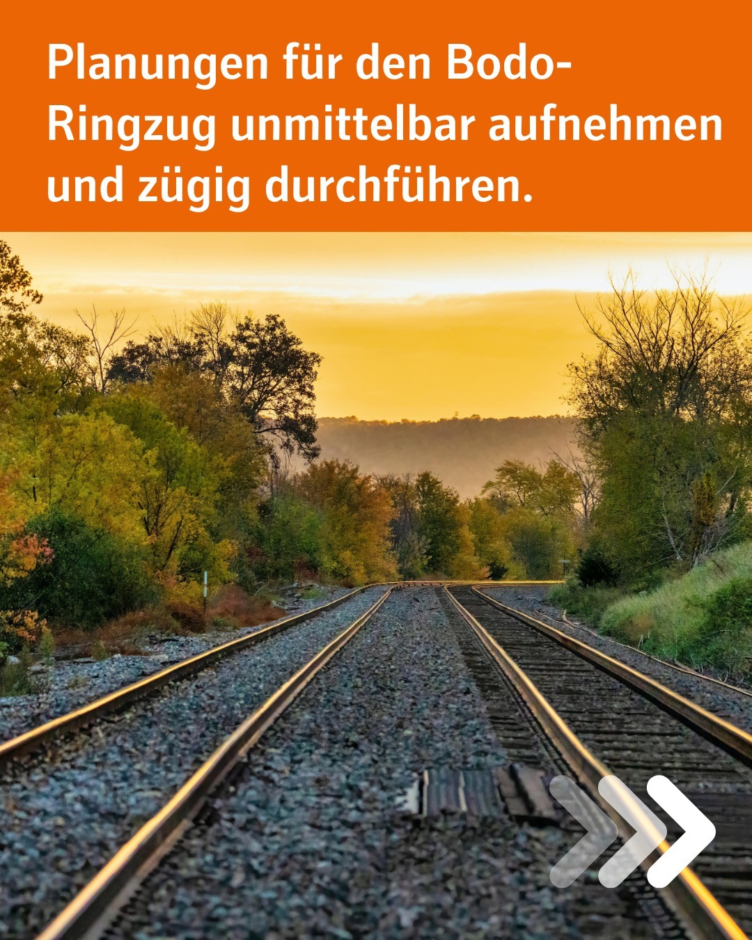 Zu sehen sind Zugschienen. Bildtext: Planungen für den Bodo-Ringzug unmittelbar aufnehmen und zügig durchführen.