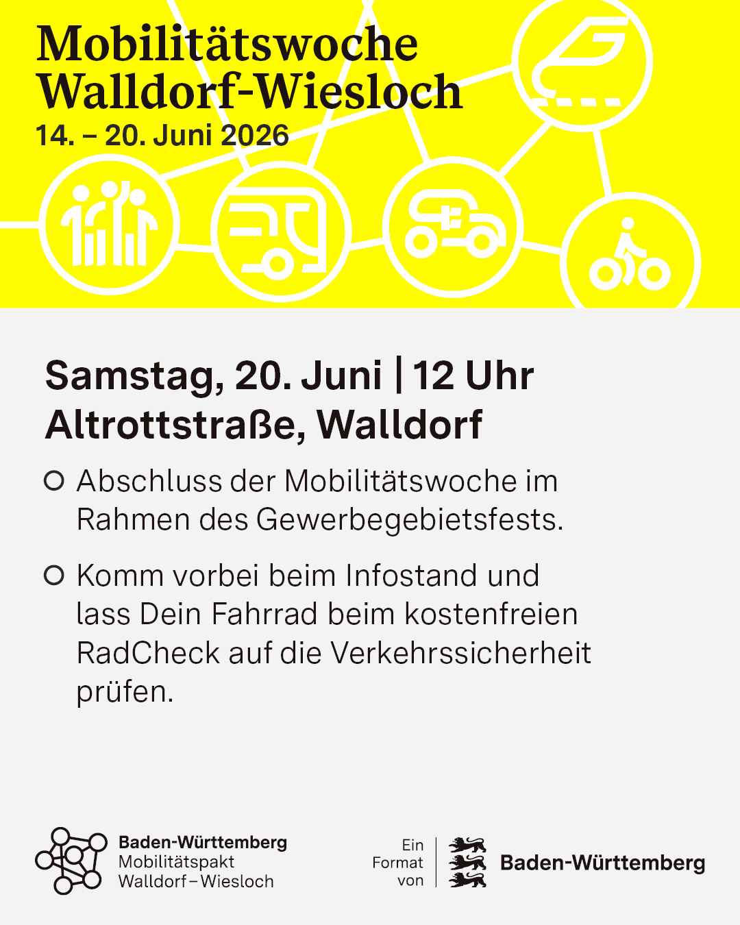 Plakat für die Mobilitätswoche Walldorf-Wiesloch vom 14. bis 20. Juni 2026 mit Symbolen für Fußgänger, Bus, E-Auto und Fahrrad. Am Samstag, 20. Juni, 12 Uhr, Abschluss im Gewerbegebietsfest auf der Altrottstraße in Walldorf mit kostenfreiem RadCheck. Veranstaltet vom Mobilitätspakt Walldorf-Wiesloch und Baden-Württemberg. (KI-Alternativtext)