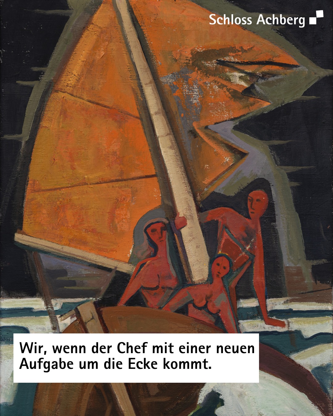 Dieser Alternativtext wurde KI-generiert: Abstrakte Malerei mit geometrischen Formen in Orange-, Rot- und Blautönen. Im unteren Bildbereich sind schematische Figuren dargestellt.