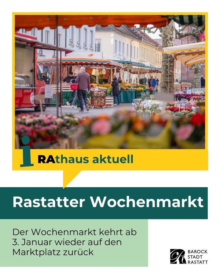 Dieser Alternativtext wurde KI-generiert: Ein farbiges Bild zeigt einen Marktstand mit verschiedenen Waren und Menschen im Hintergrund. Im unteren Bereich befindet sich ein Werbeplakat für einen Wochenmarkt.