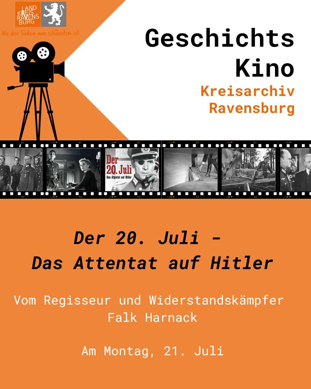 Das Bild enthält Text über ein Kinoereignis, zusammen mit schwarz-weißen Filmstreifenbildern und einem stilisierten Kamerabild.