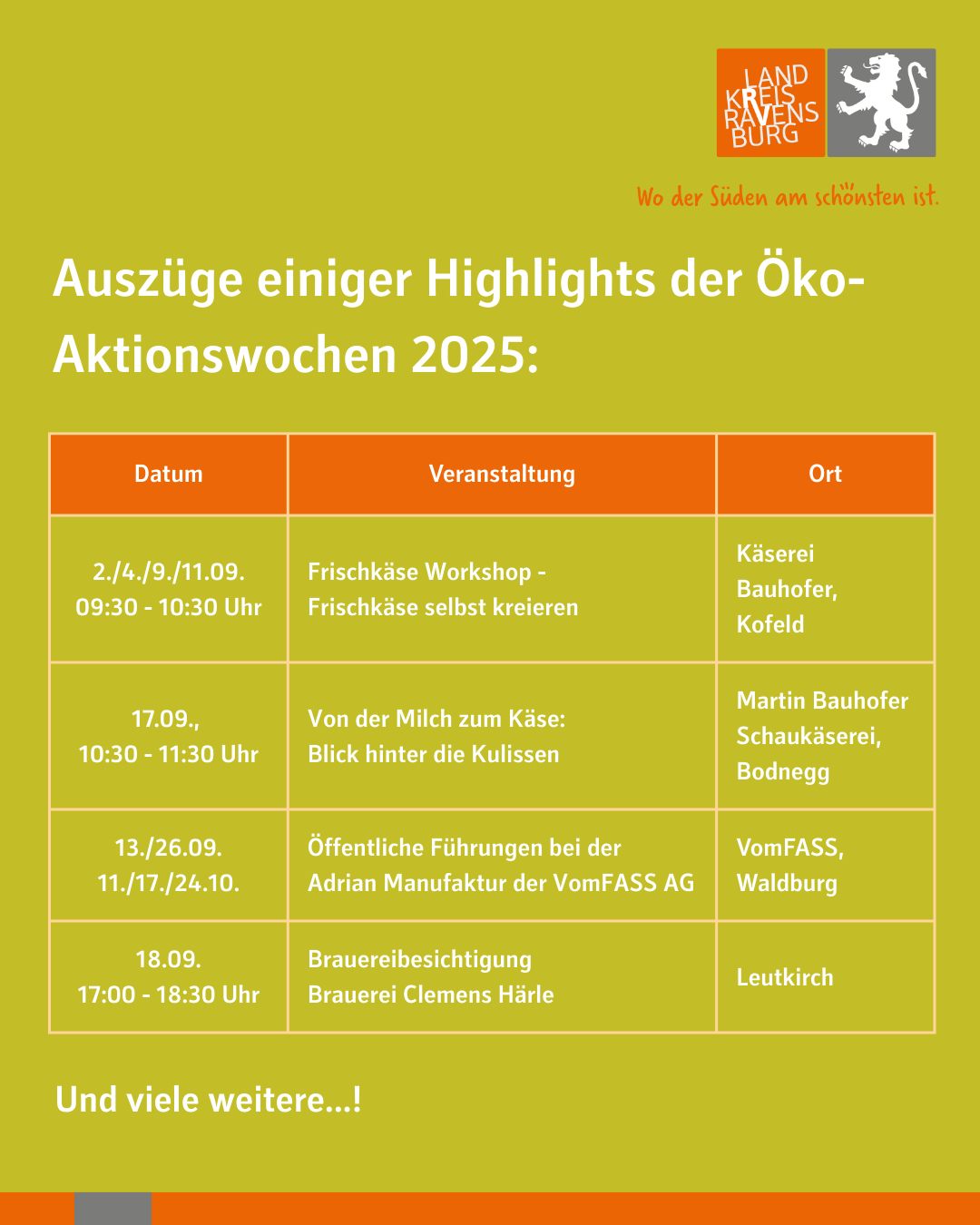 Farbige Grafik mit Überschrift und einer Tabelle, die Datum, Veranstaltung und Ort von Aktionen auflistet. Der Hintergrund ist in Gelb- und Orangetönen gehalten.