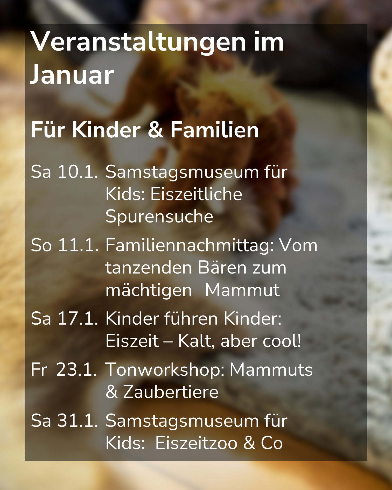 Dieser Alternativtext wurde KI-generiert: Ein farbiges Plakat kündigt Veranstaltungen für Kinder und Familien im Januar an. Es listet Termine und Themen wie Eiszeit und Mammuts auf.
