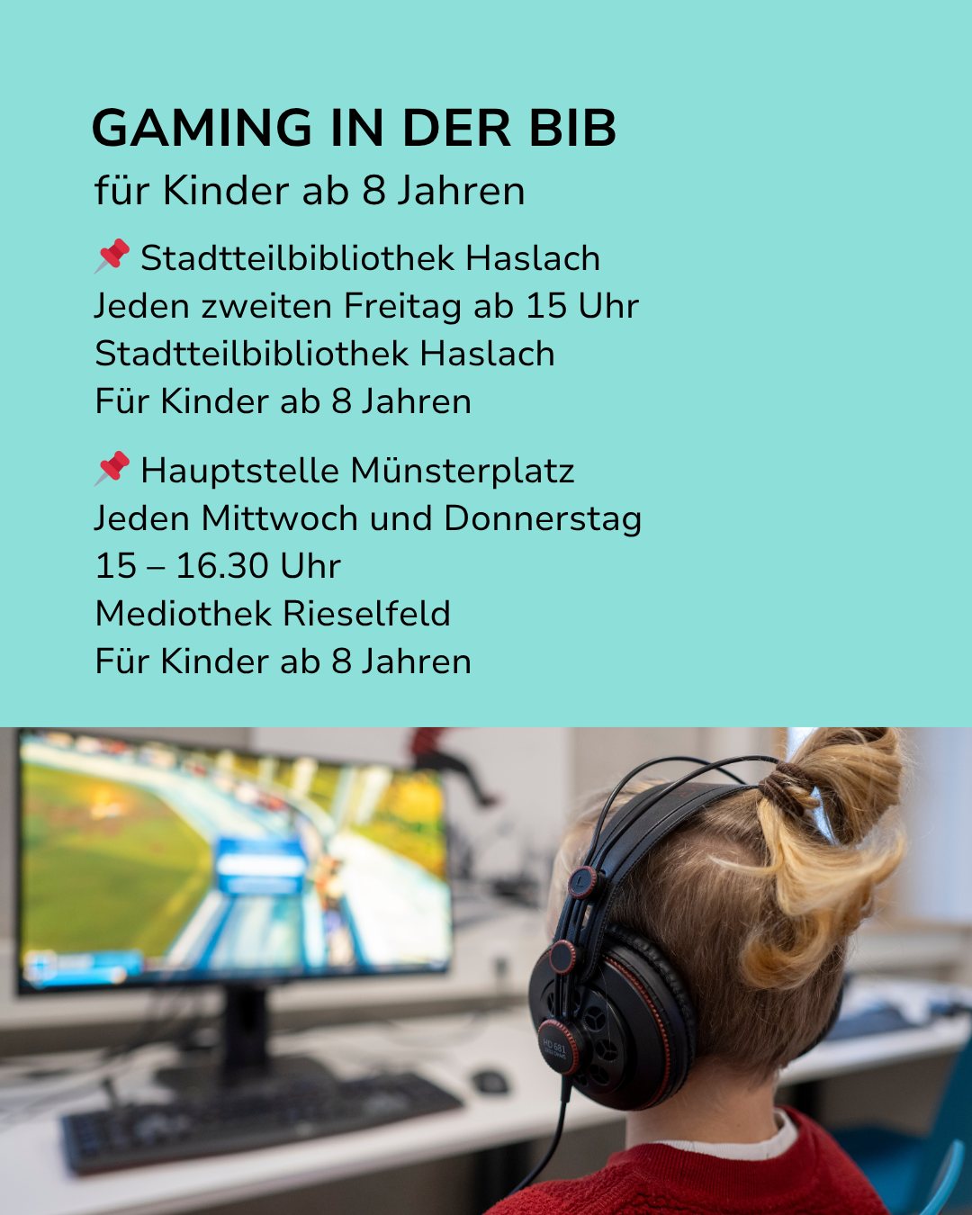Gaming-Veranstaltung in der Bibliothek für Kinder ab 8 Jahren: Termine an der Stadtteilbibliothek Haslach (jeden zweiten Freitag ab 15 Uhr) und Hauptstelle Münsterplatz/Mediothek Rieselfeld (jeden Mittwoch und Donnerstag 15–16.30 Uhr). Im Bild von hinten ein Kind mit Kopfhörern vor einem Bildschirm mit Rennspiel. (KI-Alternativtext)