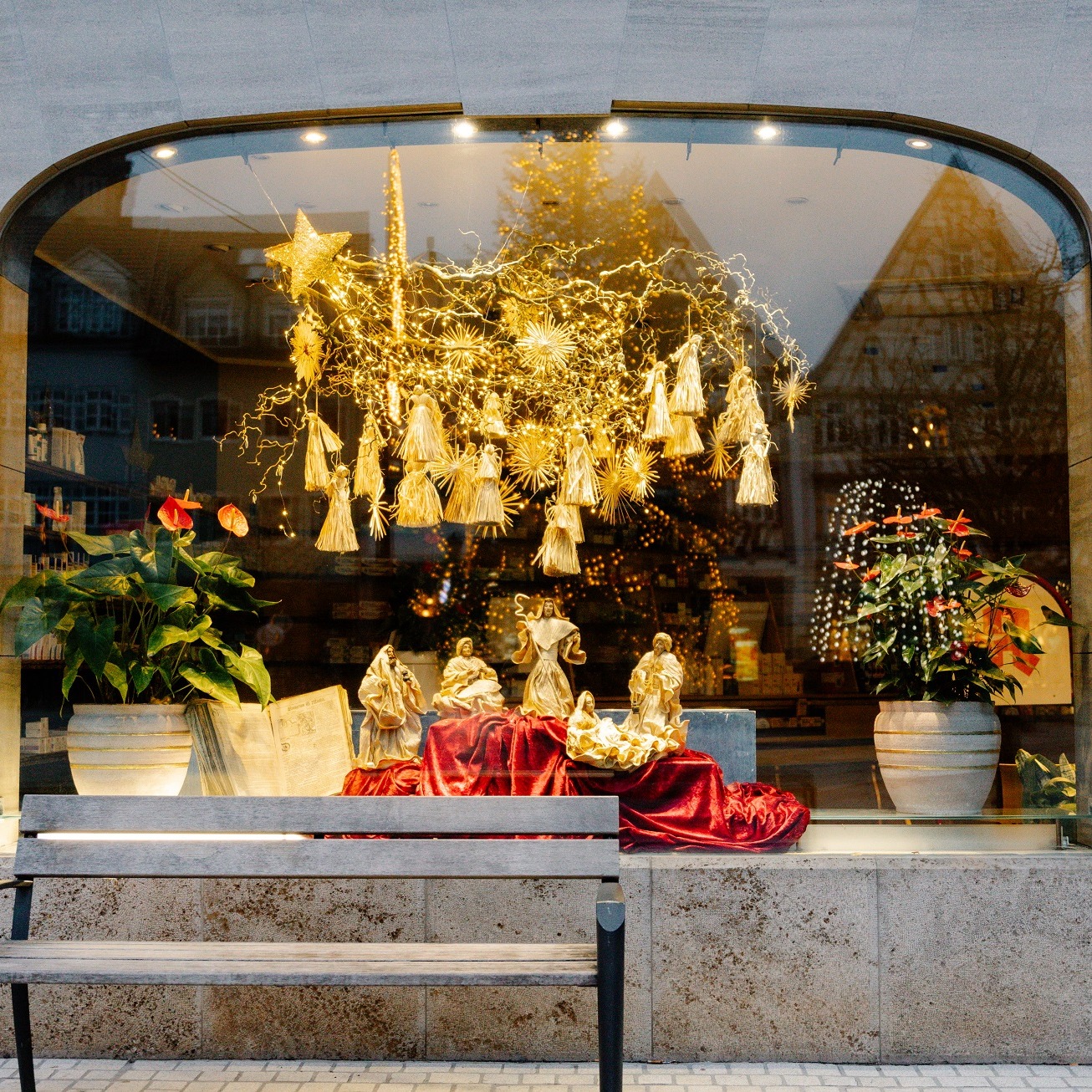 Dieser Alternativtext wurde KI-generiert: Eine Schaufensterdekoration zeigt Figuren vor einem roten Stoff und Pflanzen in Töpfen. Im Hintergrund hängen goldene Sterne und Verzierungen.