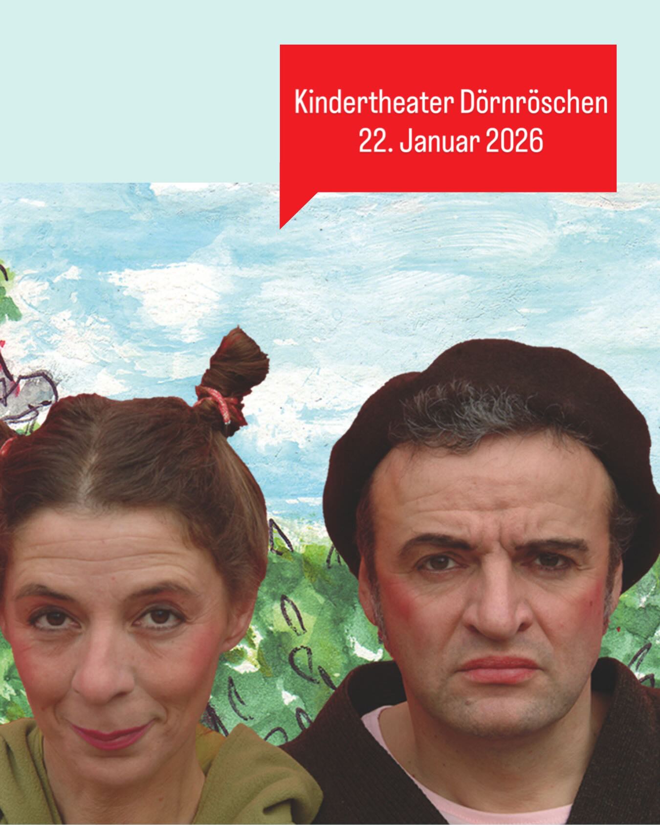 Dieser Alternativtext wurde KI-generiert: Ein farbenfrohes Plakat kündigt ein Kindertheaterstück an. Zwei Personen mit ausdrucksstarken Gesichtszügen sind im Vordergrund zu sehen.