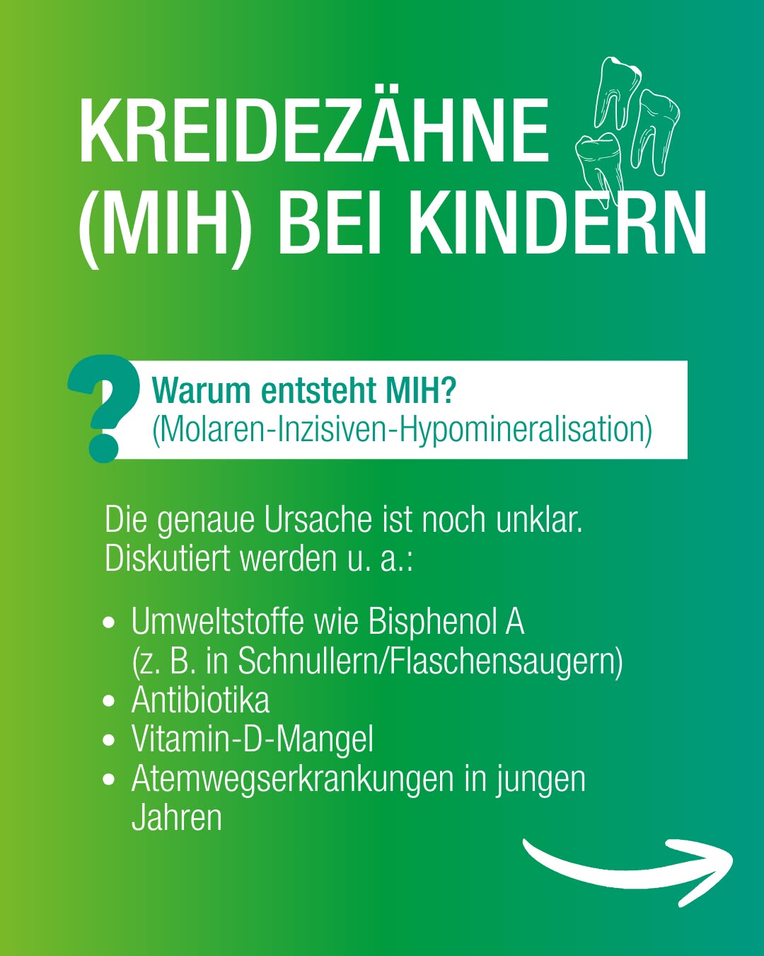 Dieser Alternativtext wurde KI-generiert: Ein farbenfrohes Bild mit Text und Icons. Es handelt sich um eine Information zum Thema Zahnschmelzdefekte bei Kindern und deren möglichen Ursachen.