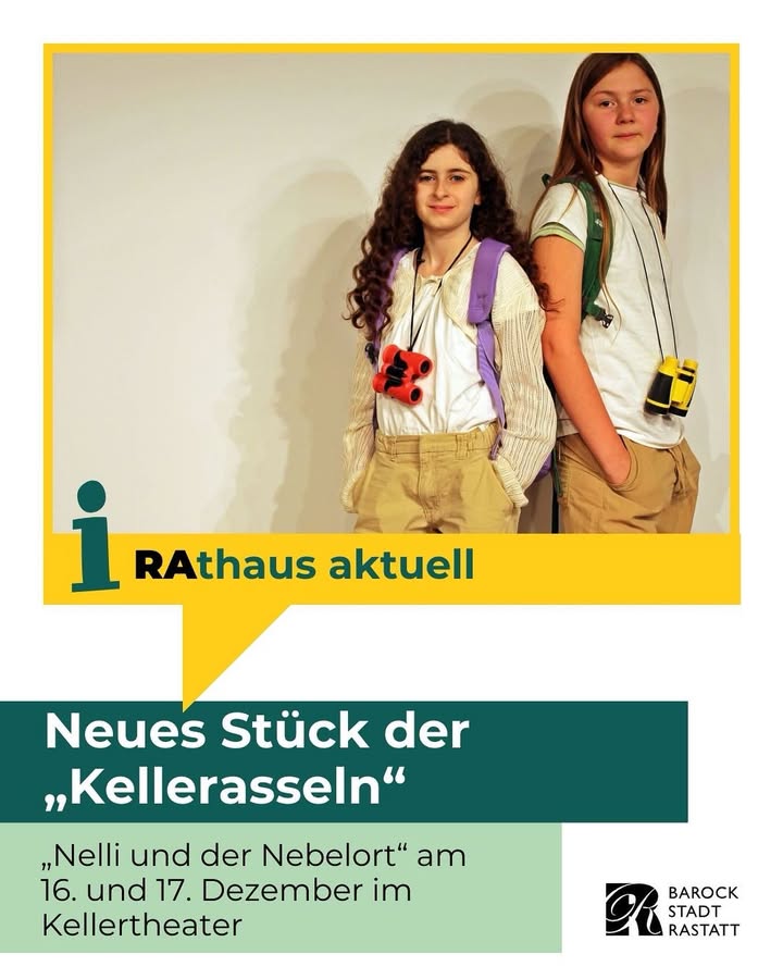 Dieser Alternativtext wurde KI-generiert: Ein Plakat kündigt ein Theaterstück an. Es zeigt zwei Personen mit Rucksäcken und ein gelbes Designelement.