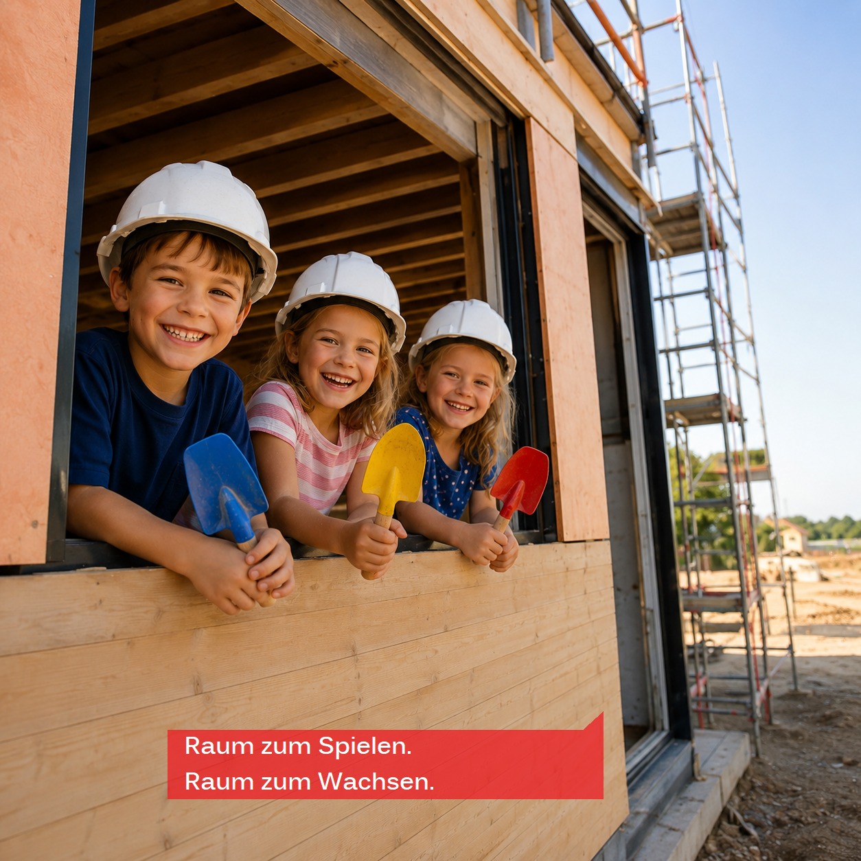 Drei Kinder mit weißen Helmen und bunten Spiel-Schaufeln schauen lächelnd aus einem Fenster eines Holzhausbaus. Im Hintergrund ist Gerüst zu sehen. Ein roter Textkasten unten links trägt die Aufschrift: „Raum zum Spielen. Raum zum Wachsen.“ (KI-Alternativtext)