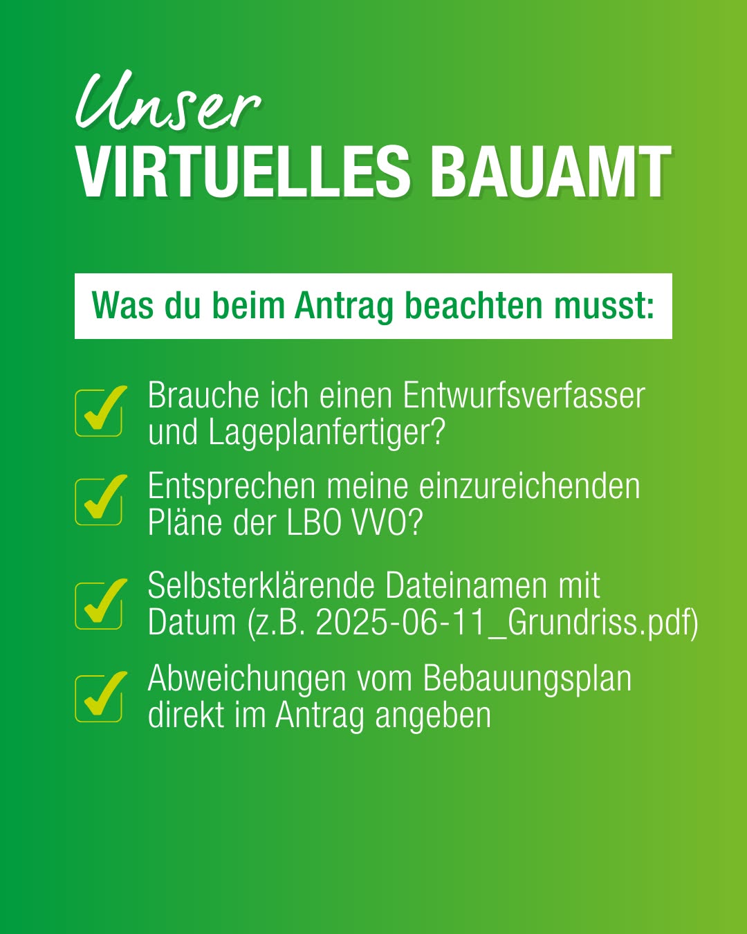 Dieser Alternativtext wurde KI-generiert: Ein grüner Hintergrund mit weißem Text und Häkchen. Der Text listet Punkte auf, die bei einem Antrag zu beachten sind.